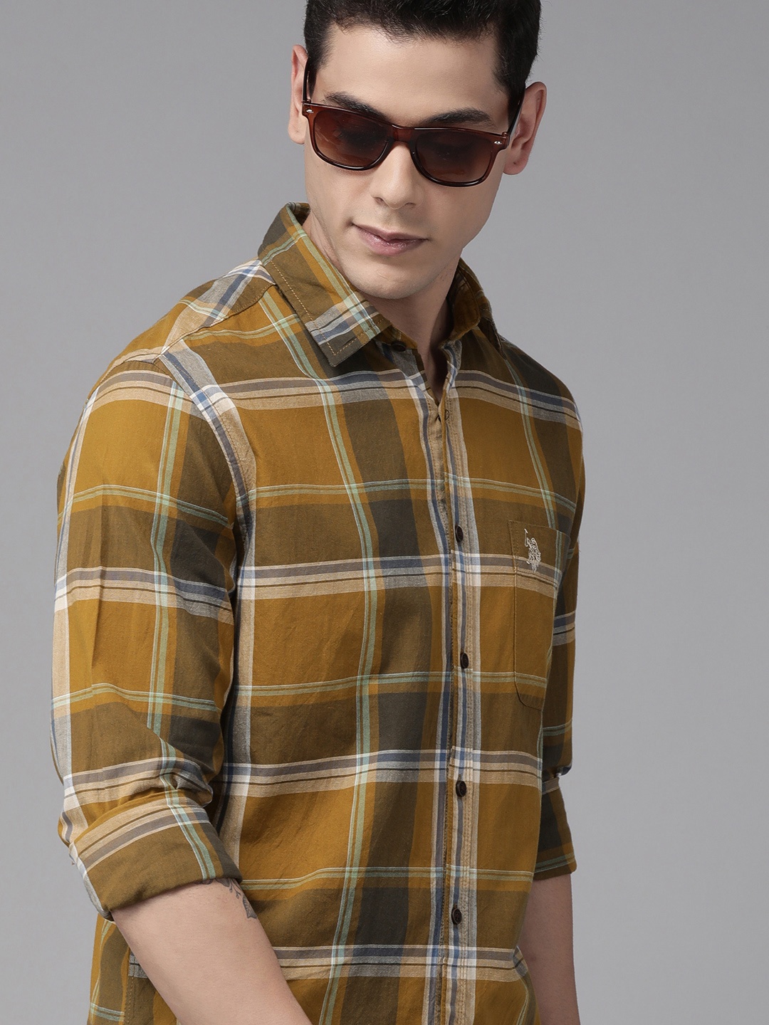 

U S Polo Assn Denim Co Men Mustard And Brown Tartan Checked Casual Shirt