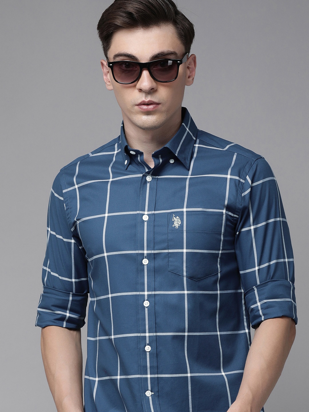 

U S Polo Assn Men Blue Tailored Fit Windowpane Checks Casual Shirt