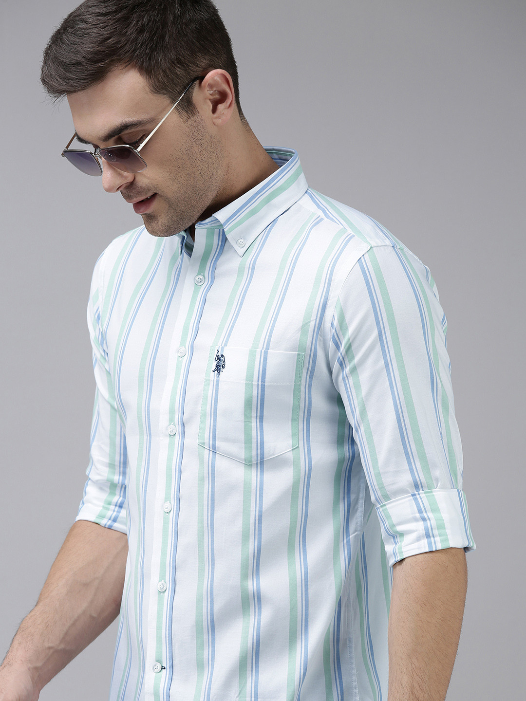 

U.S. Polo Assn. Men Green & White Striped Pure Cotton Tailored Casual Shirt