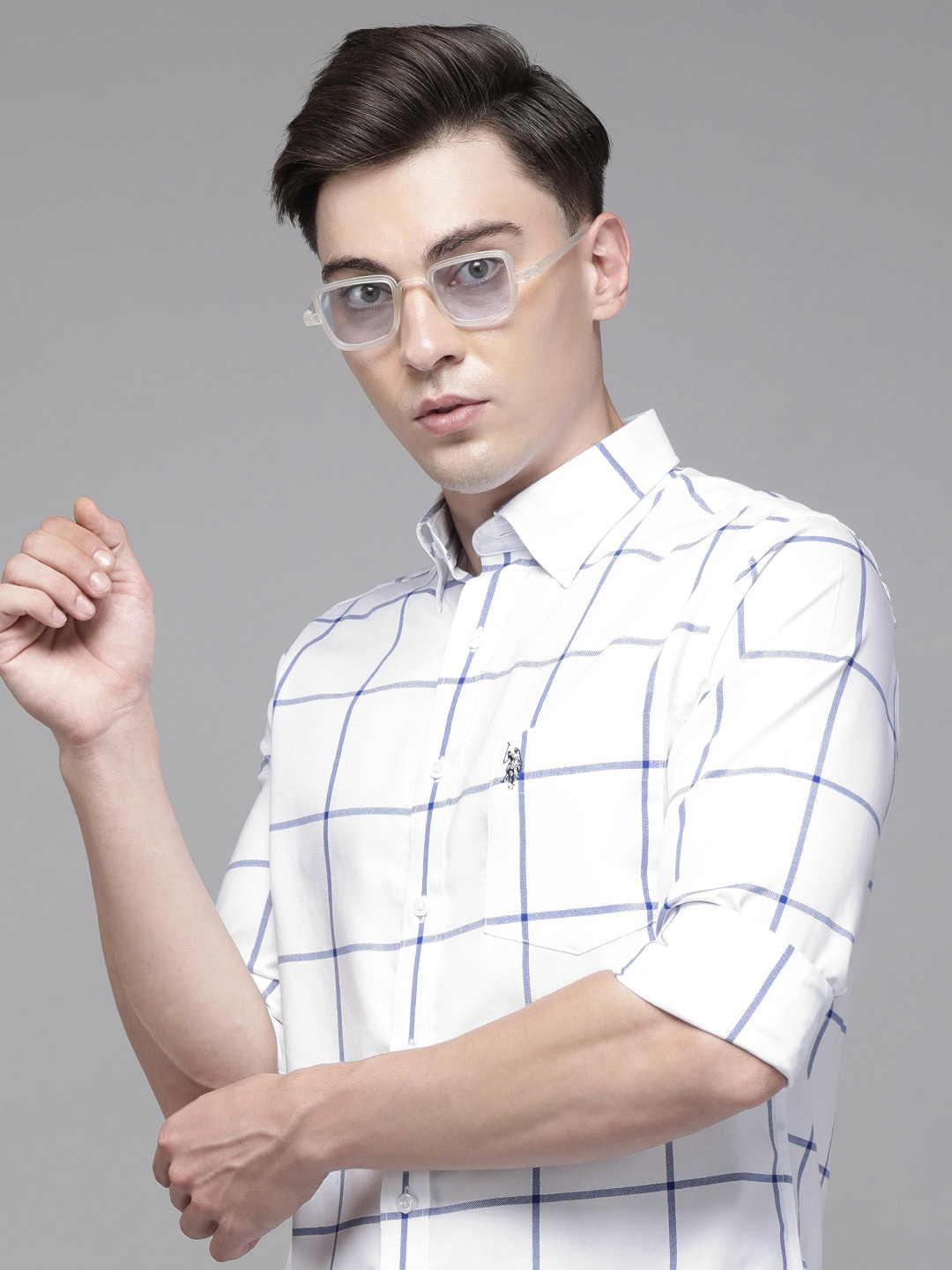 

U S Polo Assn Men White & Blue Checked Casual Shirt