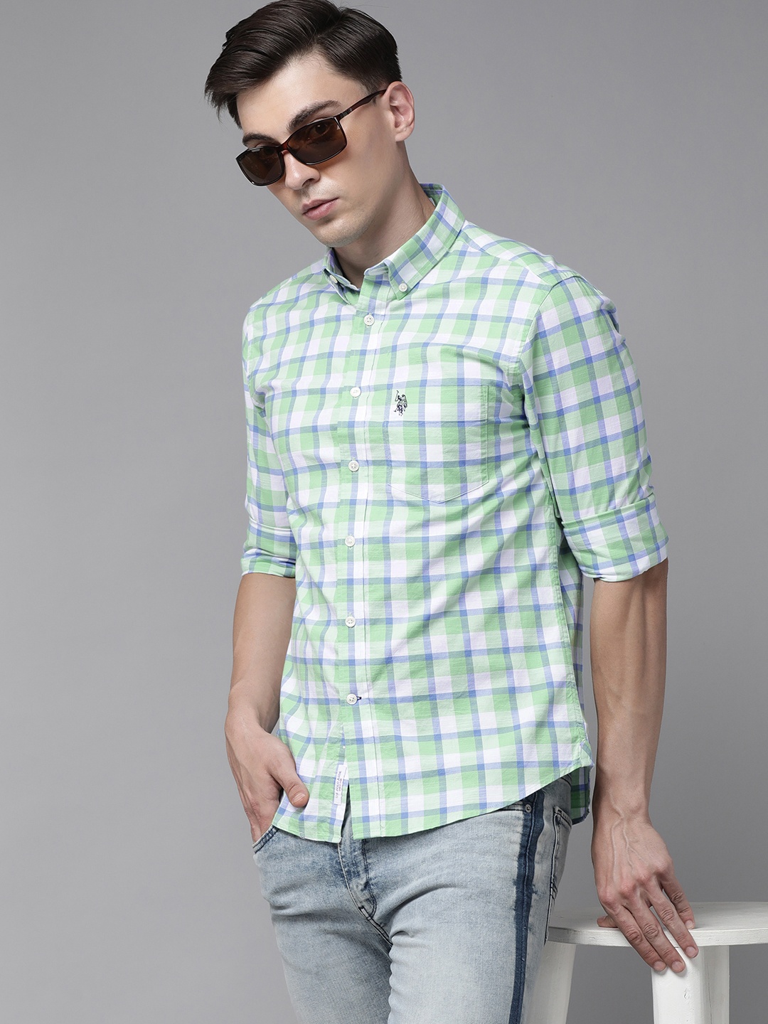 

U S Polo Assn Men Lime Green And Blue Tailored Fit Tartan Checked Casual Shirt