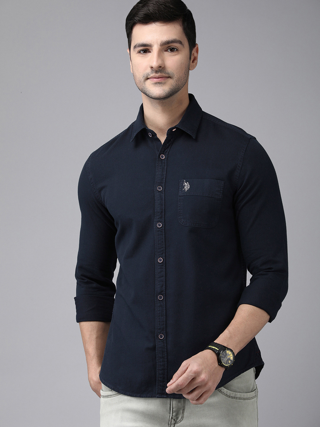 

U S Polo Assn Denim Co Men Navy Blue Solid Casual Shirt