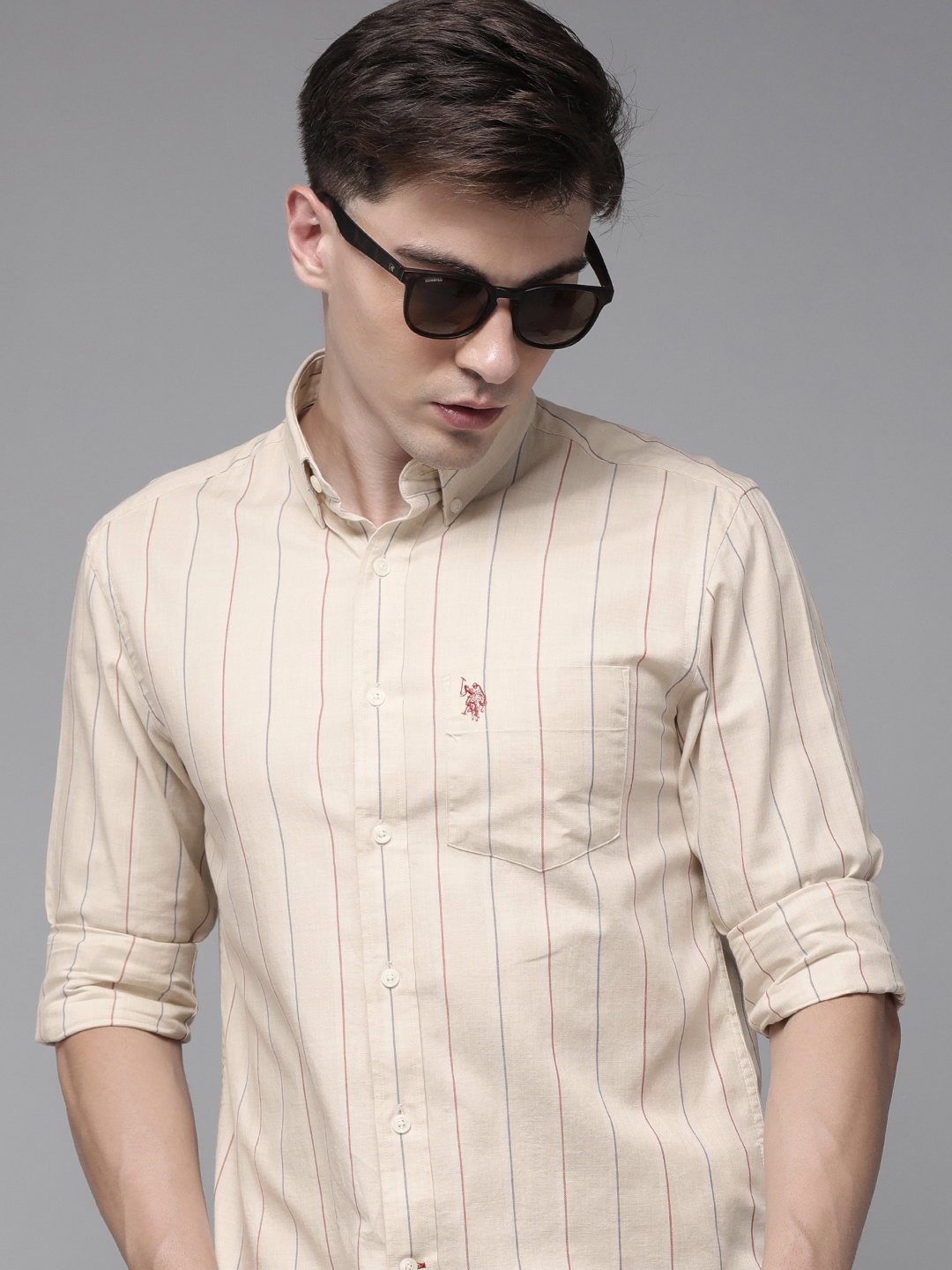 

U S Polo Assn Men Off White Tailored Fit Striped Casual Shirt