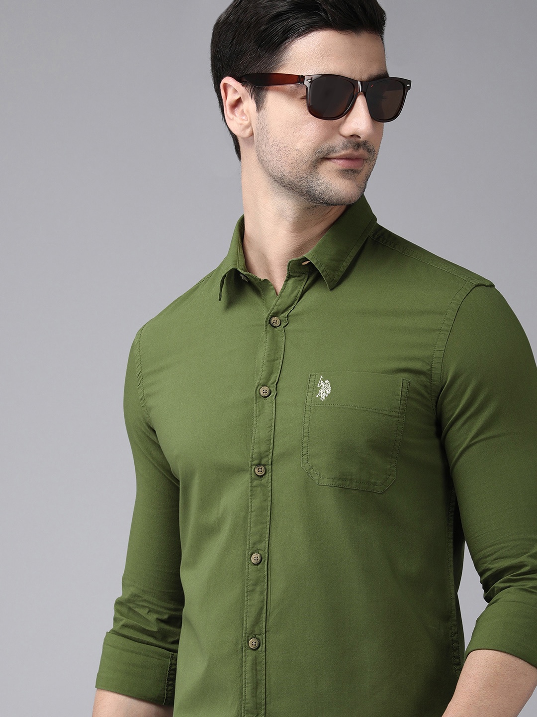 

U S Polo Assn Denim Co Men Olive Green Solid Casual Shirt