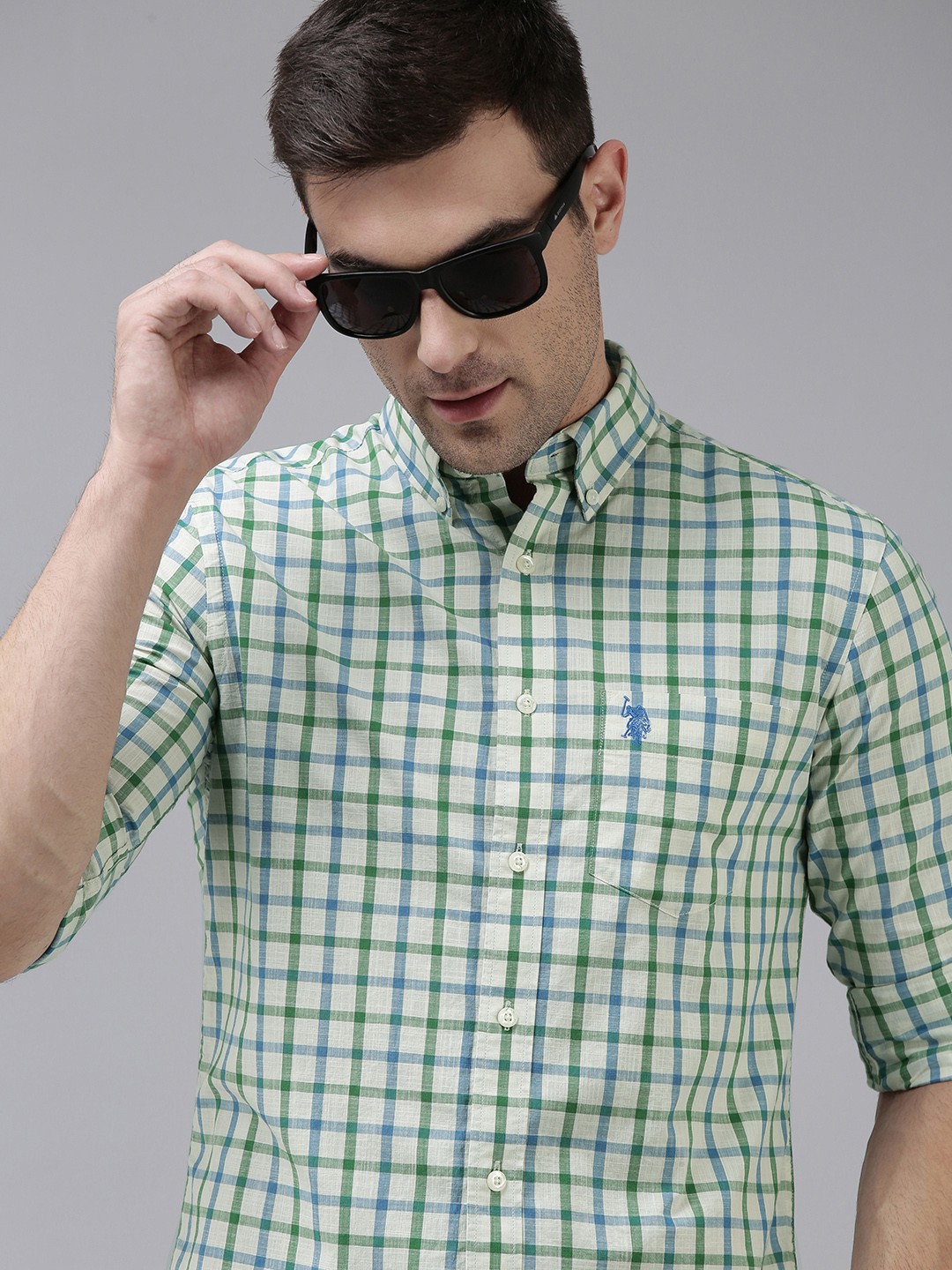 

U.S. Polo Assn. Men Green Checked Pure Cotton Tailored Fit Casual Shirt