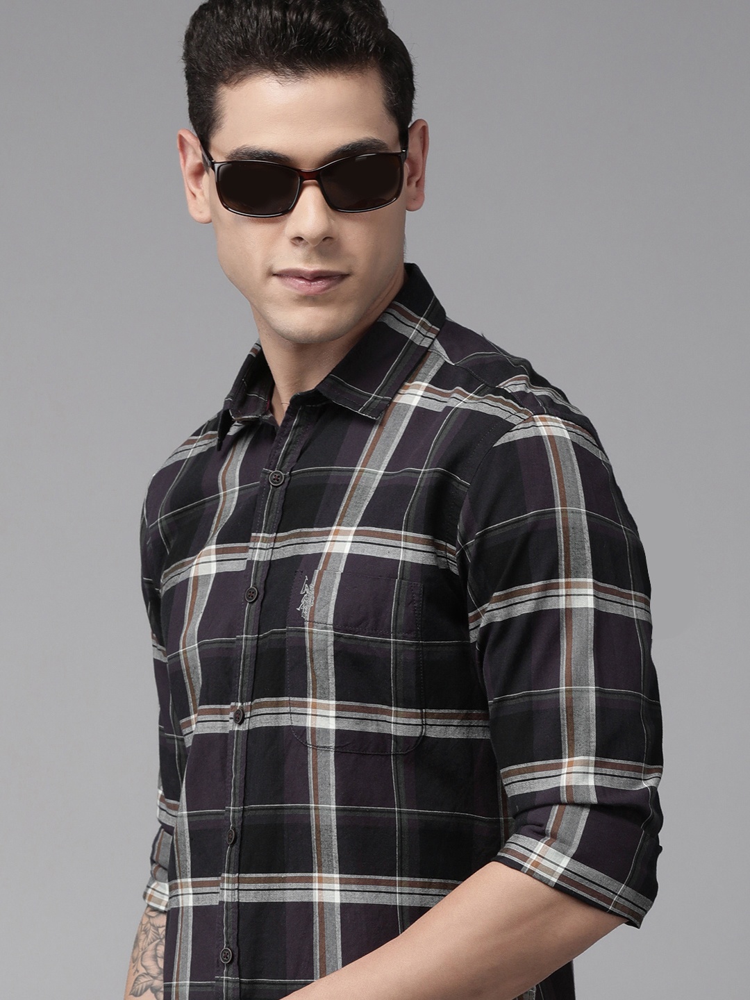 

U.S. Polo Assn. Denim Co. Men Burgundy & Grey Checked Pure Cotton Casual Shirt