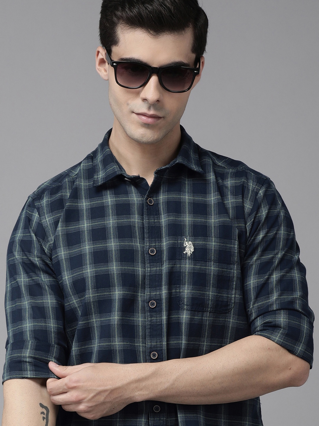 

U S Polo Assn Denim Co Men Blue Windowpane Checks Pure Cotton Casual Shirt