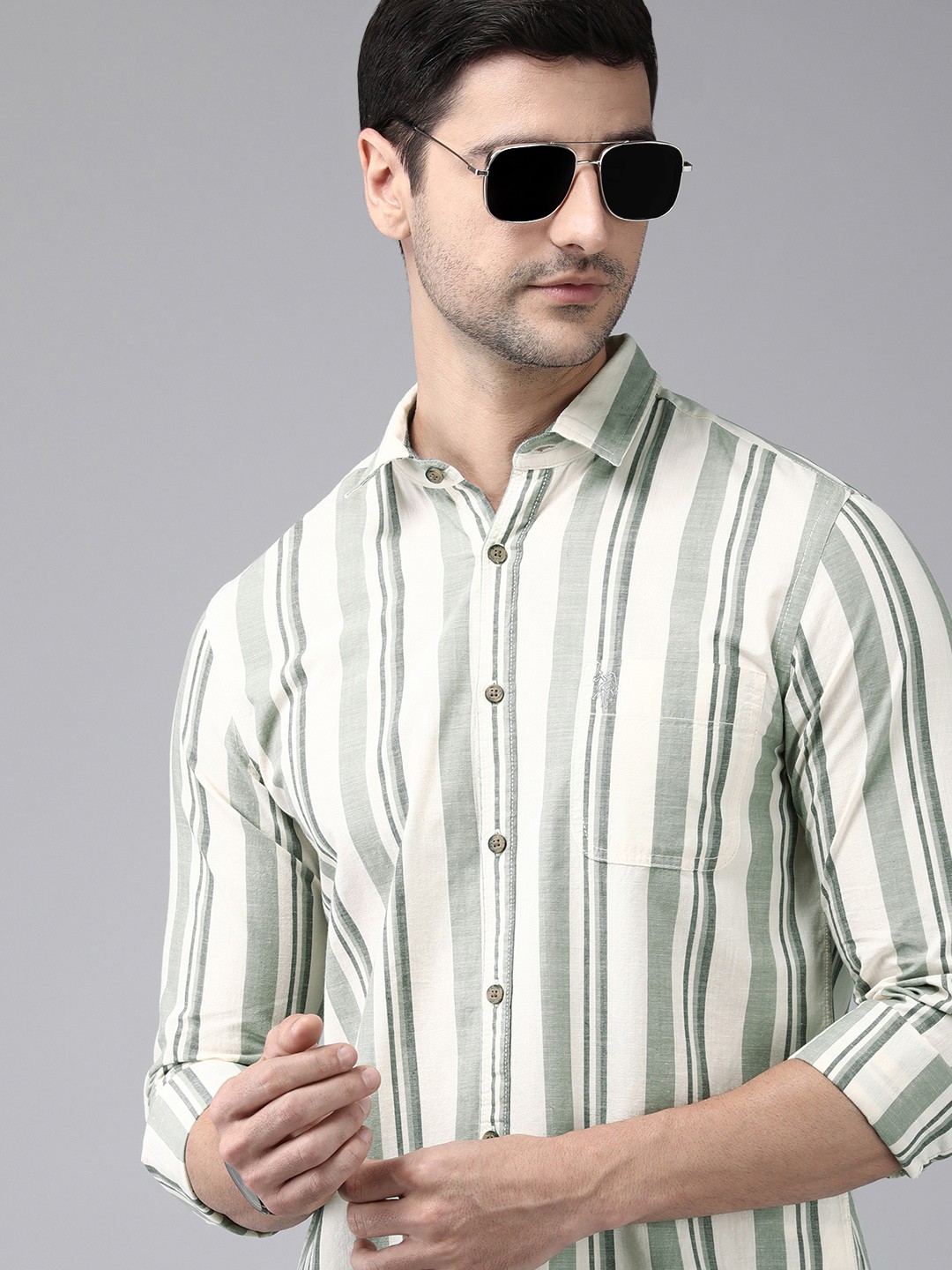 

U S Polo Assn Denim Co Men Grey & White Striped Casual Shirt