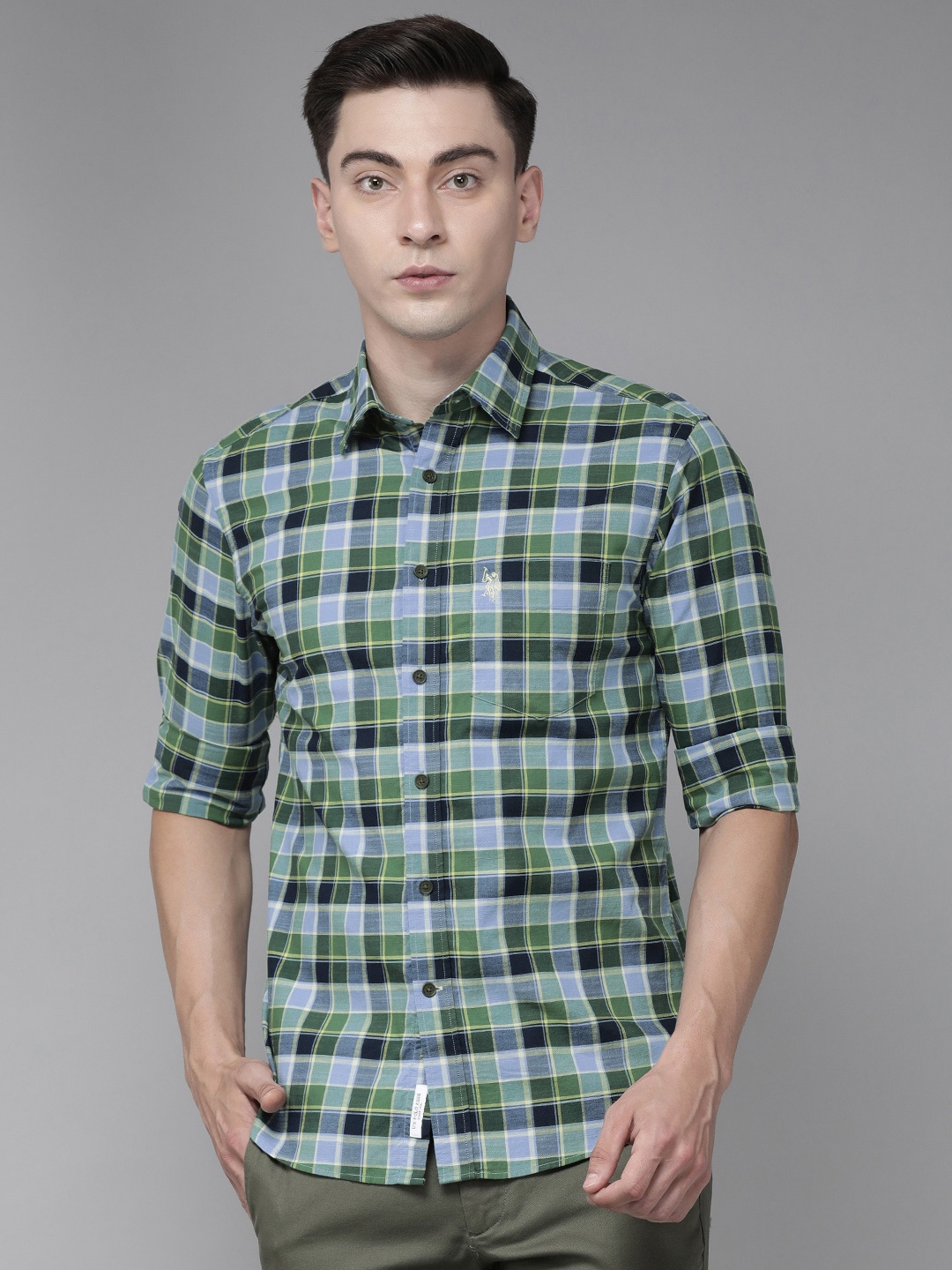 

U.S. Polo Assn. Men Green & Blue Tailored Fit Checked Pure Cotton Casual Shirt