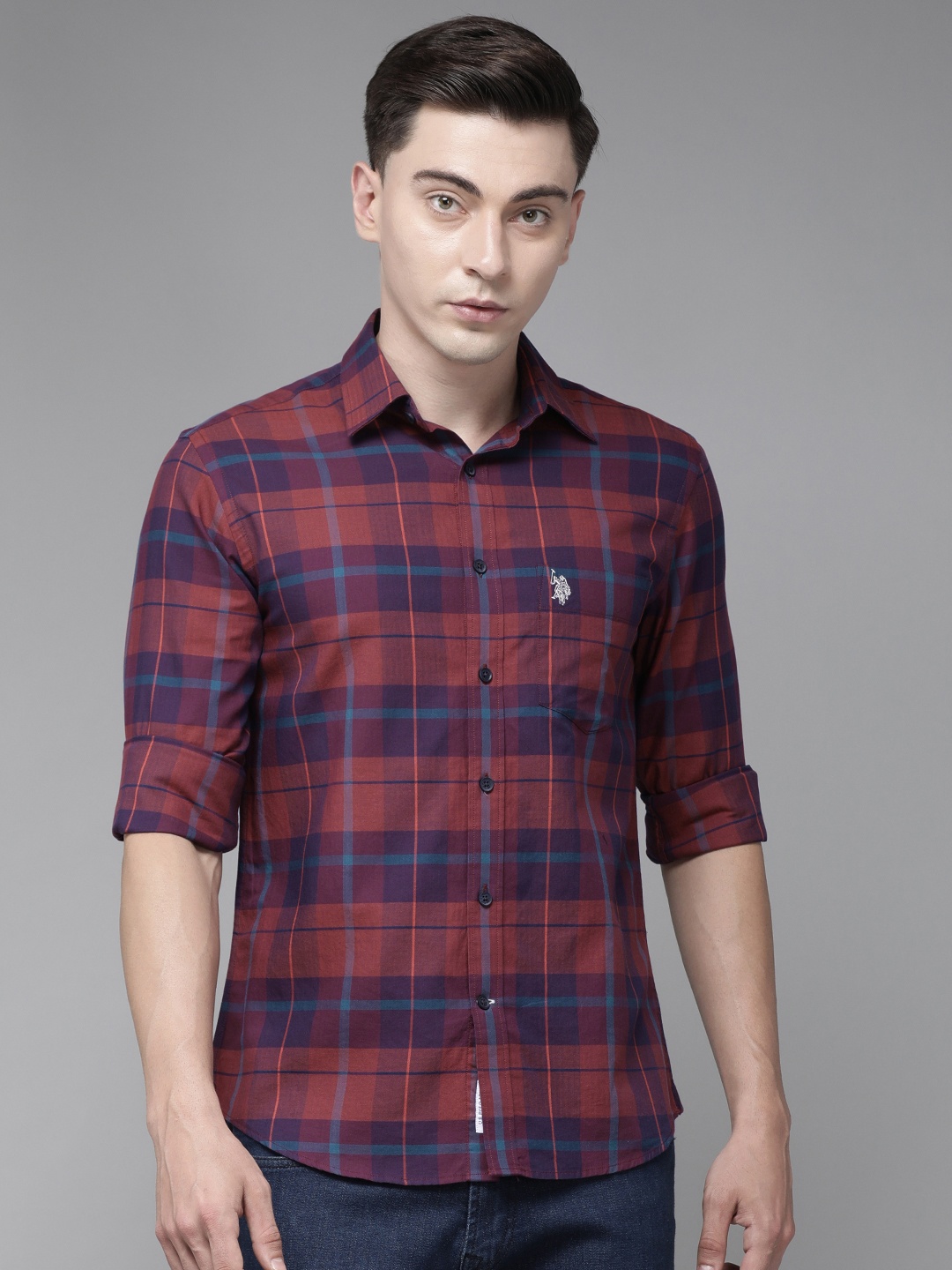 

U S Polo Assn Men Red Tailored Fit Checked Casual Shirt