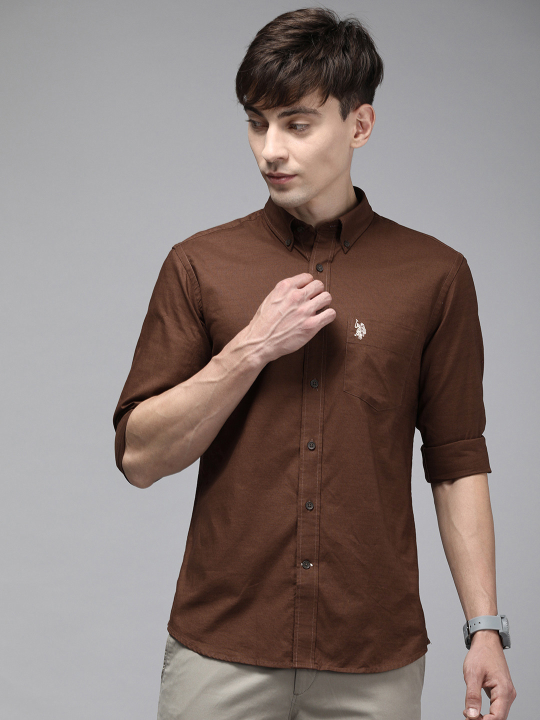 

U S Polo Assn Men Brown Solid Tailored Fit Pure Cotton Casual Shirt