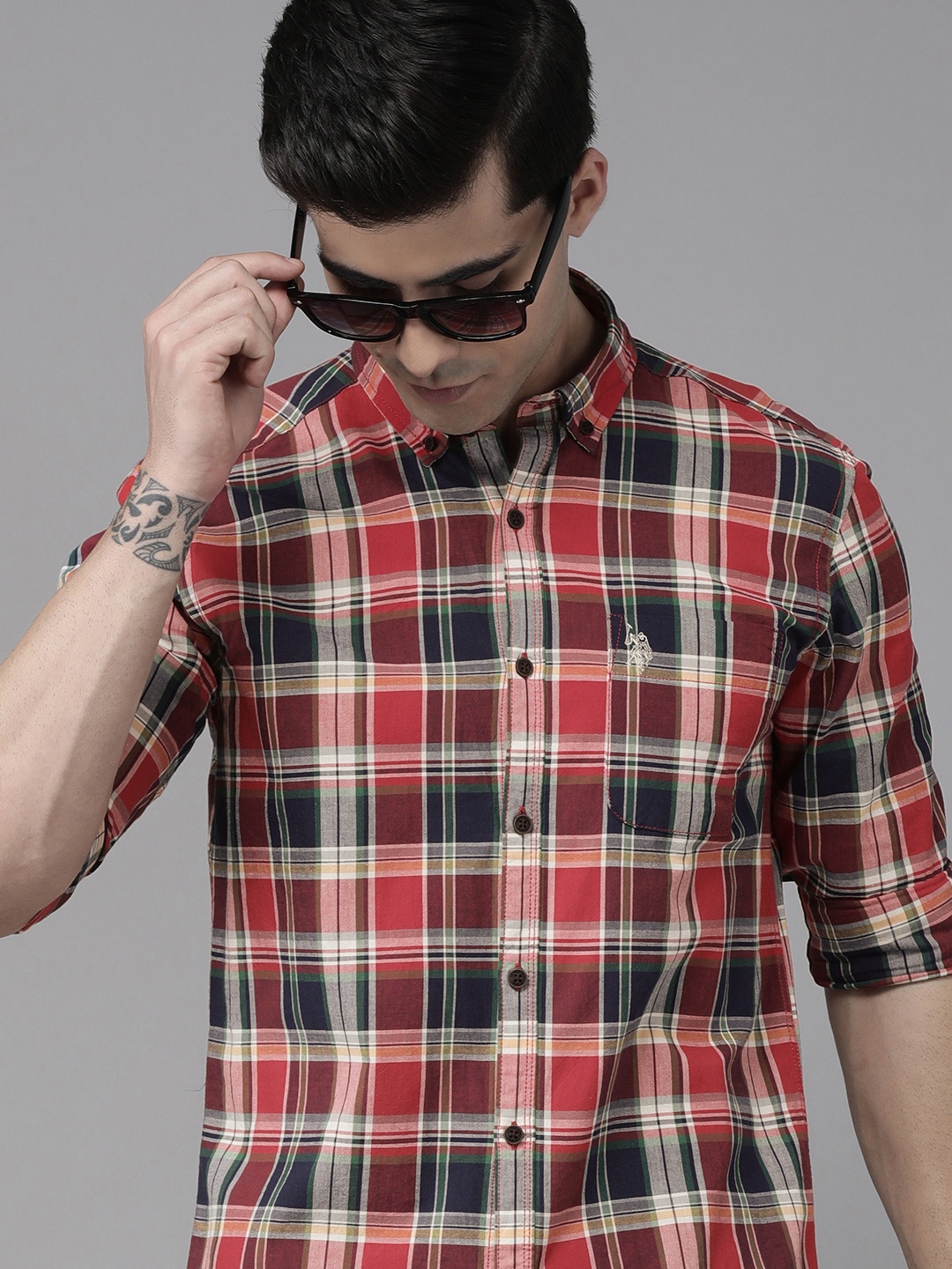 

U S Polo Assn Denim Co Men Red Tartan Checks Pure Cotton Casual Shirt