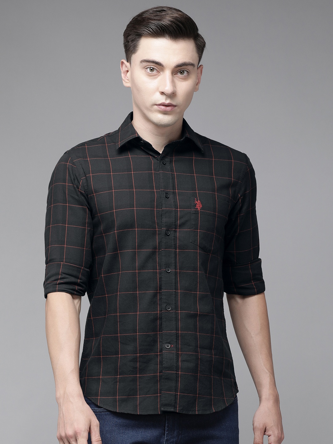 

U S Polo Assn Men Black Tailored Fit Windowpane Checks Casual Shirt