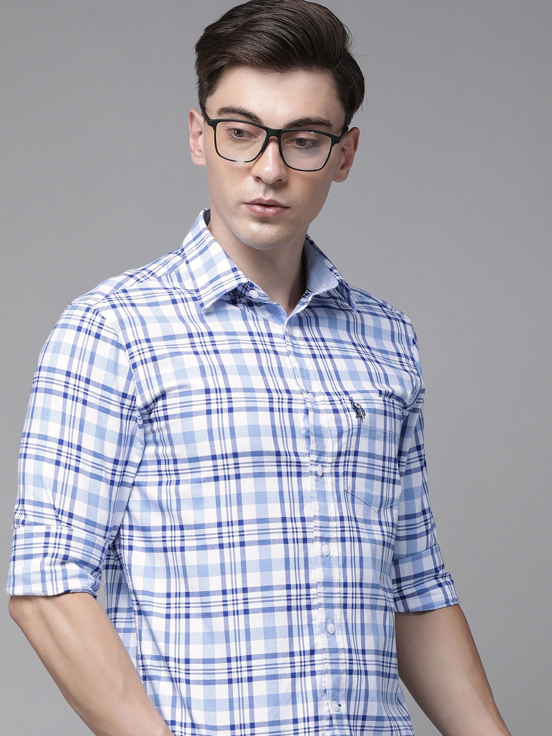 

U S Polo Assn Men Navy Blue And White Tailored Fit Tartan Checked Casual Shirt