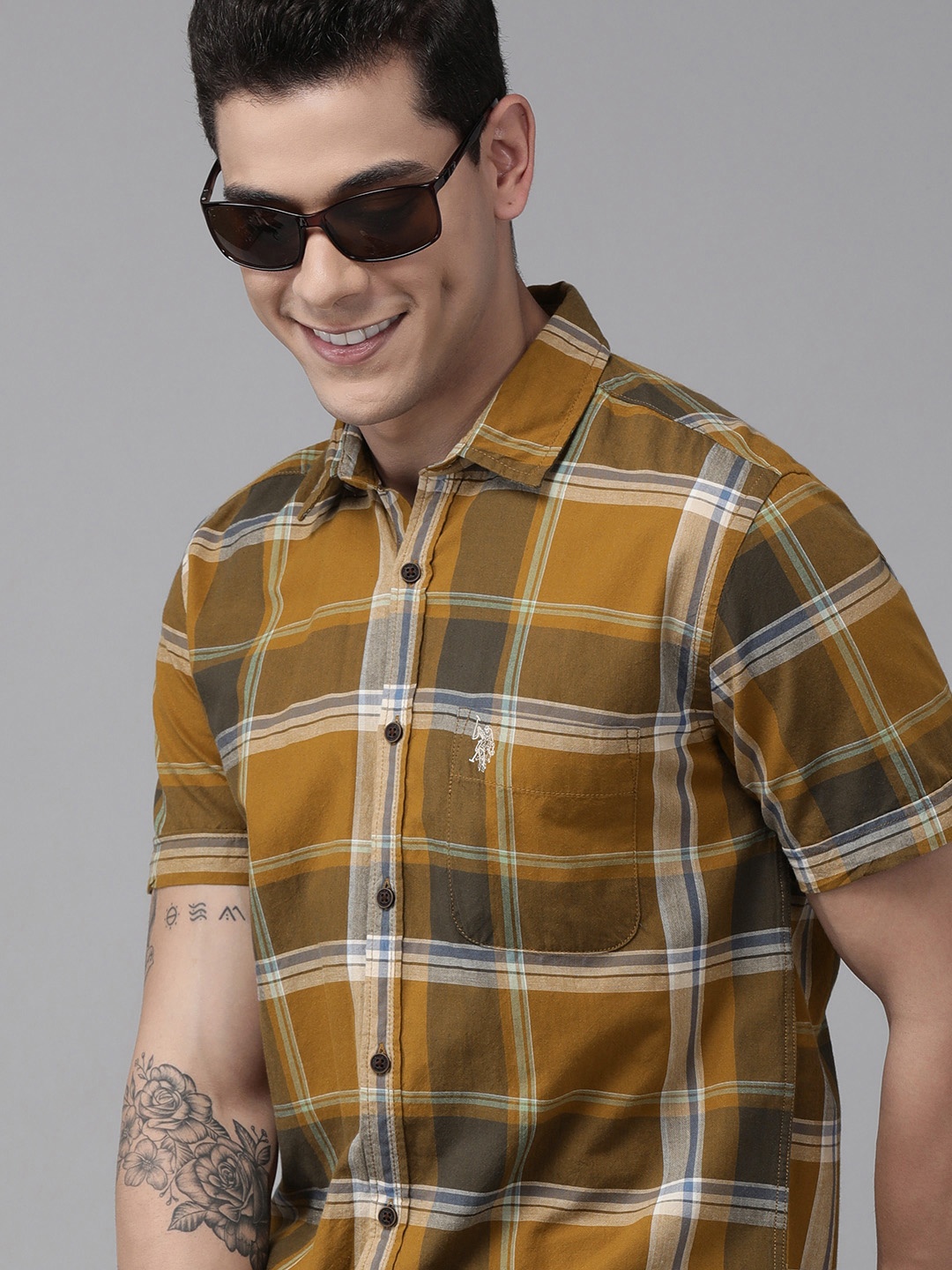 

U.S. Polo Assn. Denim Co. Men Khaki Checked Pure Cotton Casual Shirt
