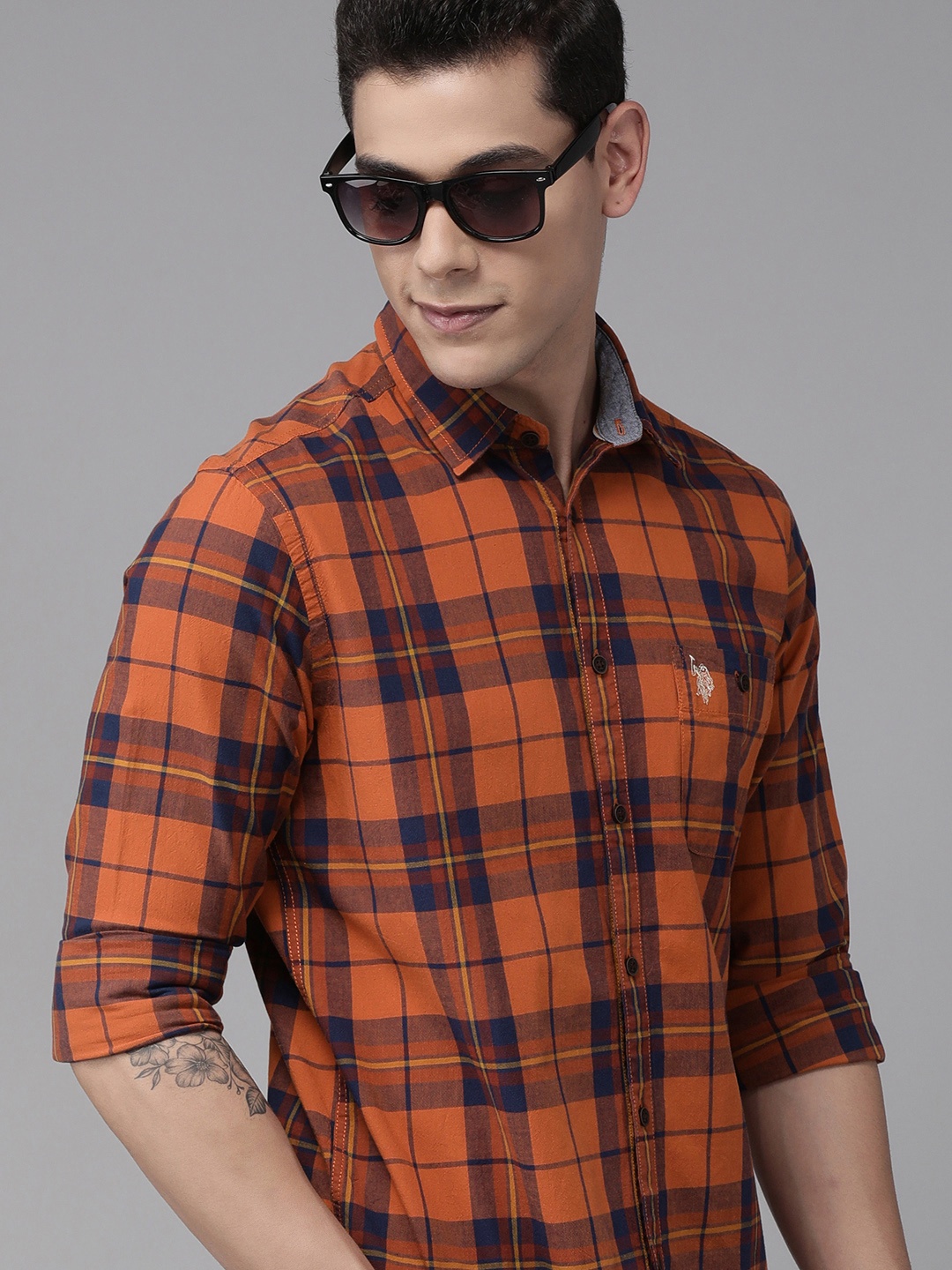 

U.S. Polo Assn. Denim Co. Men Rust Red & Navy Blue Checked Pure Cotton Casual Shirt