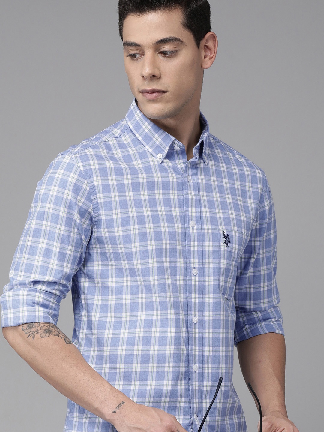 

U S Polo Assn Men Blue & White Buffalo Checks Casual Shirt
