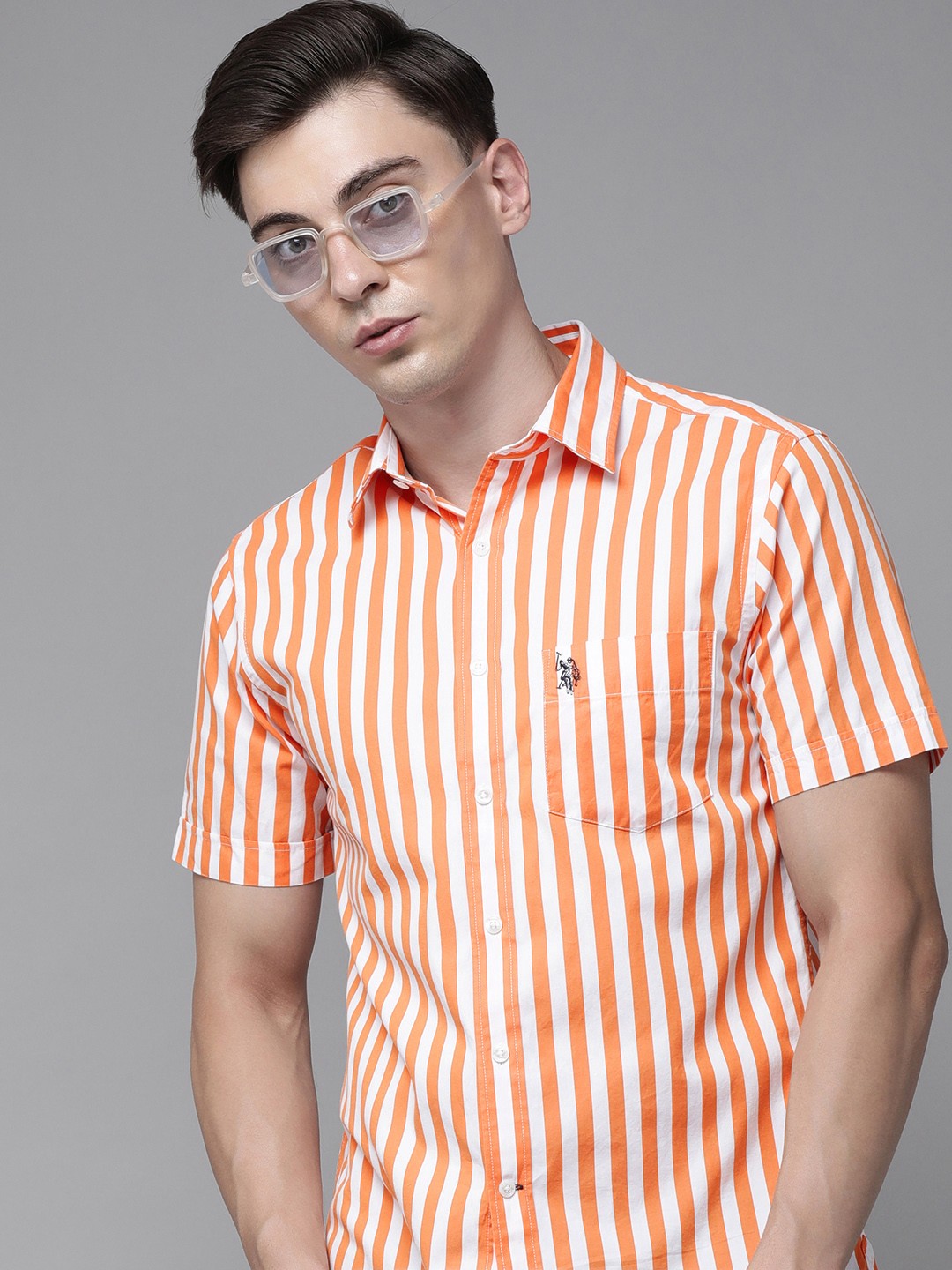 

U S Polo Assn Men Orange And White Tailored Fit Striped Casual Shirt