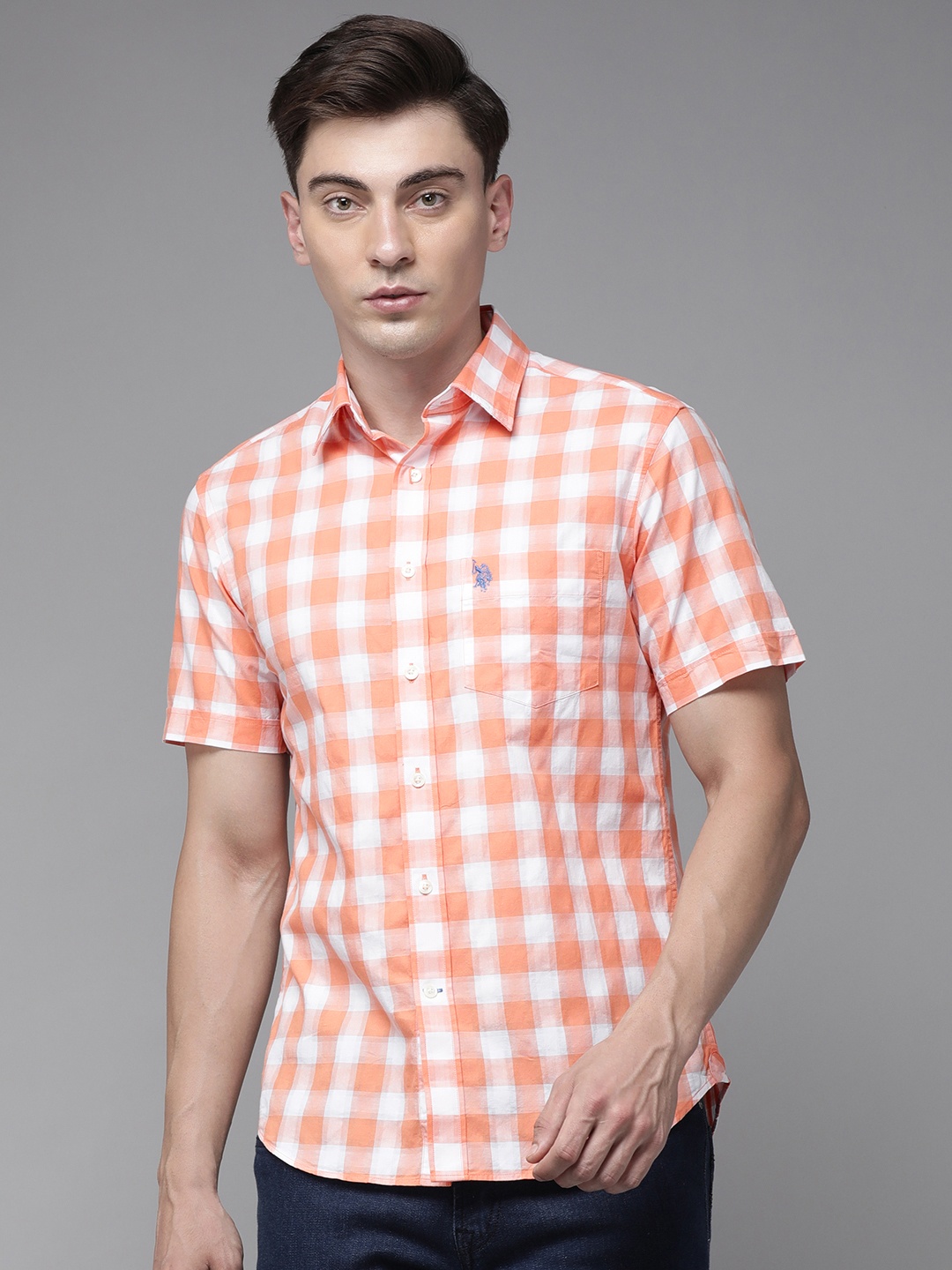 

U.S. Polo Assn. Men Orange Tailored Fit Buffalo Checks Opaque Pure Cotton Casual Shirt