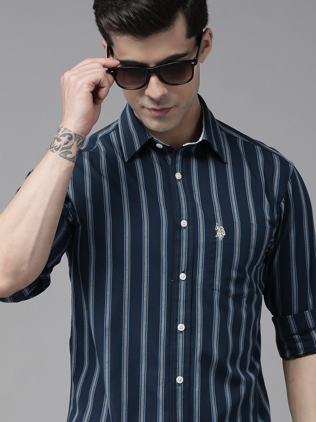 

U S Polo Assn Men Navy Blue And Grey Tailored Fit Striped Pure Cotton Casual Shirt