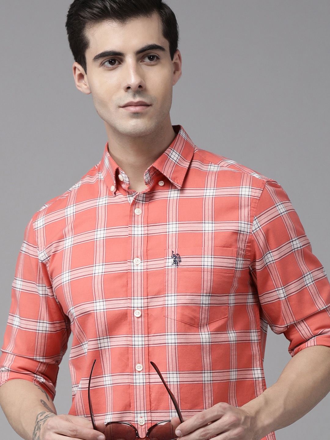 

U S Polo Assn Men Coral Pink And Blush Pink Tailored Fit Tartan Checked Casual Shirt