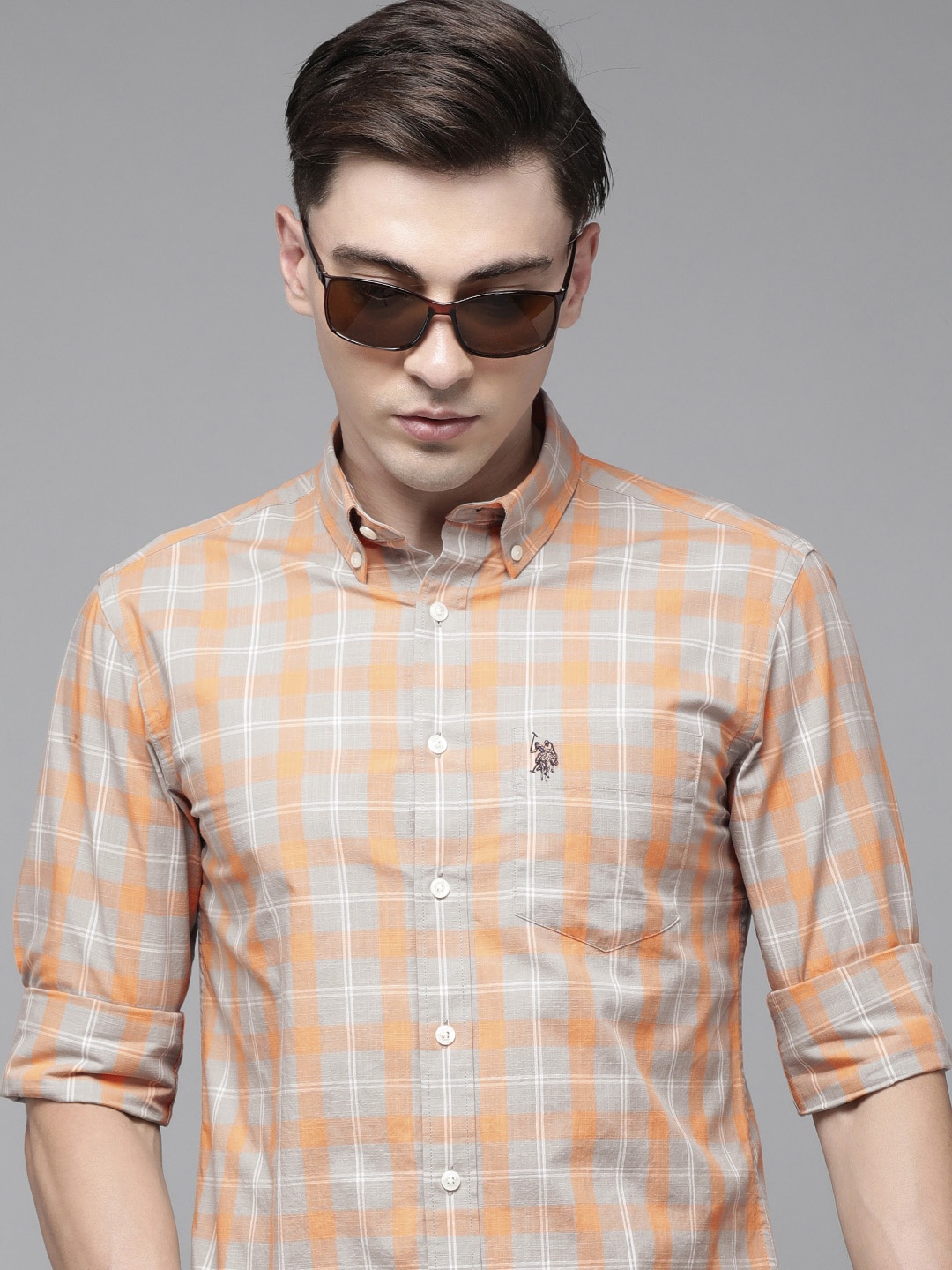 

U.S. Polo Assn. Men Grey & Peach-Coloured Tailored Fit Checked Pure Cotton Casual Shirt