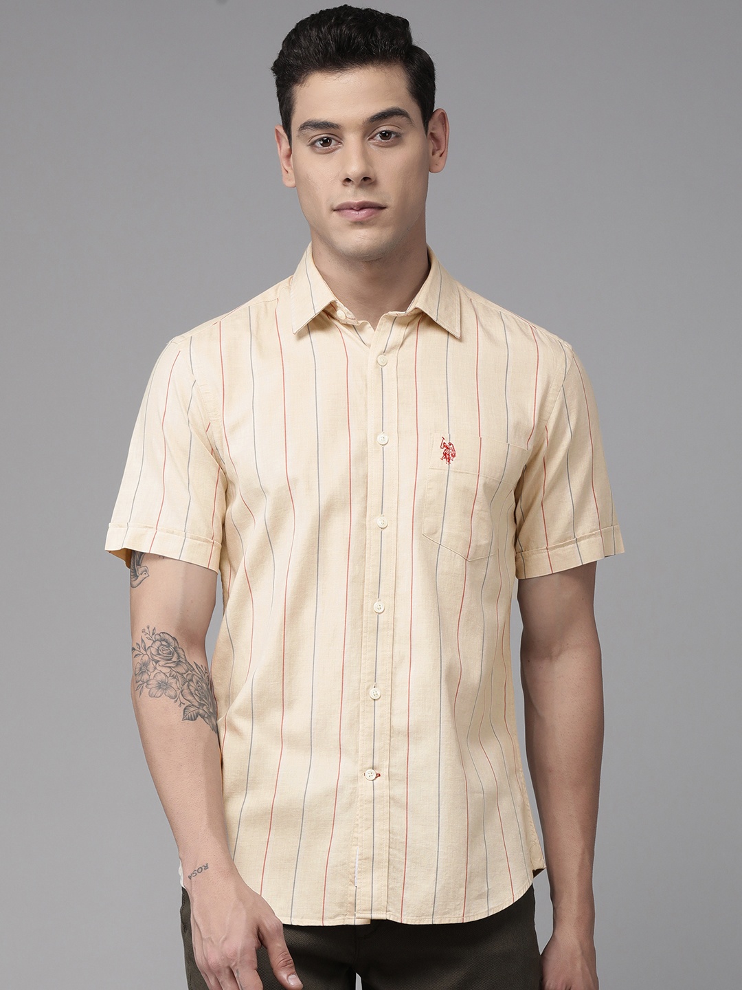 

U S Polo Assn Men Beige Tailored Fit Striped Casual Shirt