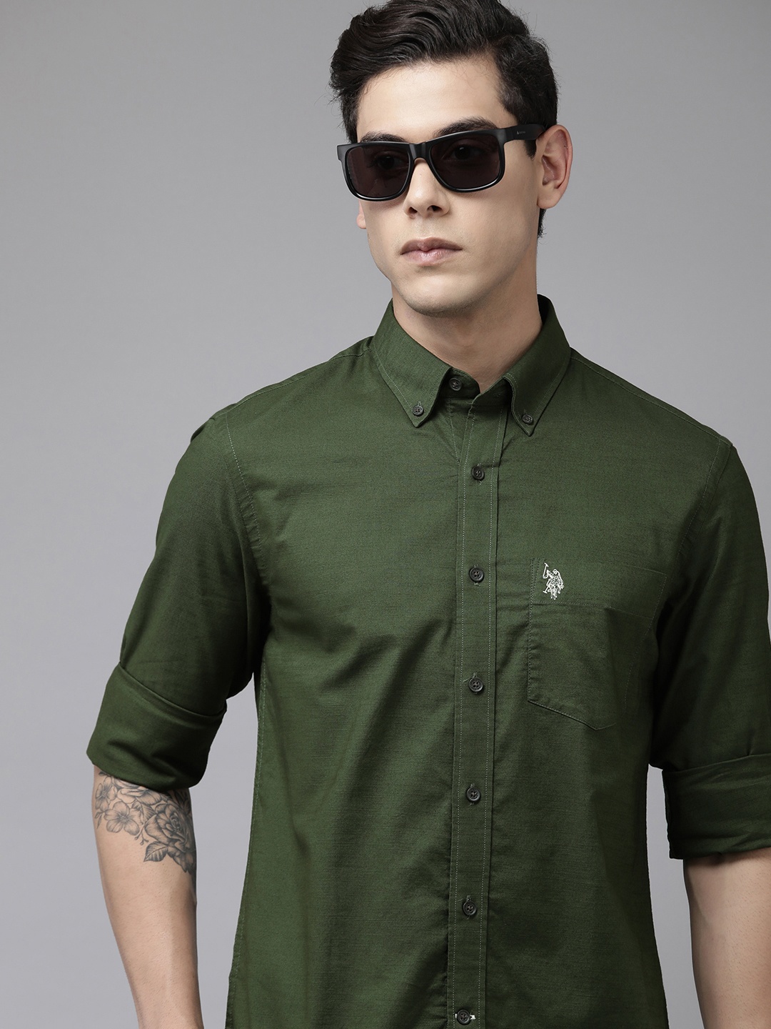 

U S Polo Assn Men Olive Green Pure Cotton Solid Casual Shirt