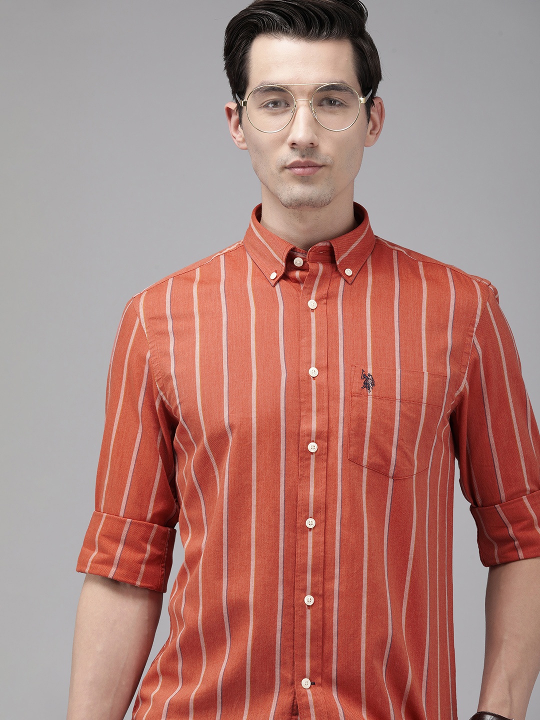 

U S Polo Assn Men Rust Orange & White Tailored Fit Striped Pure Cotton Casual Shirt