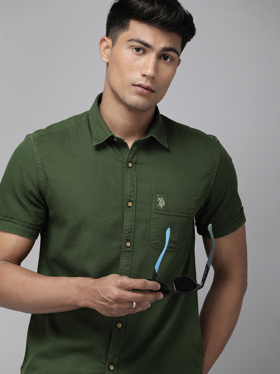 

U.S. Polo Assn. Denim Co. Olive Solid Half Sleeves Casual Shirt