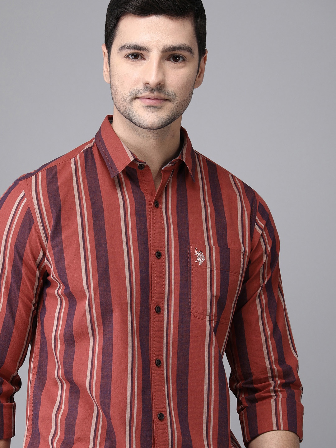 

U S Polo Assn Denim Co Men Red & Maroon Striped Pure Cotton Casual Shirt