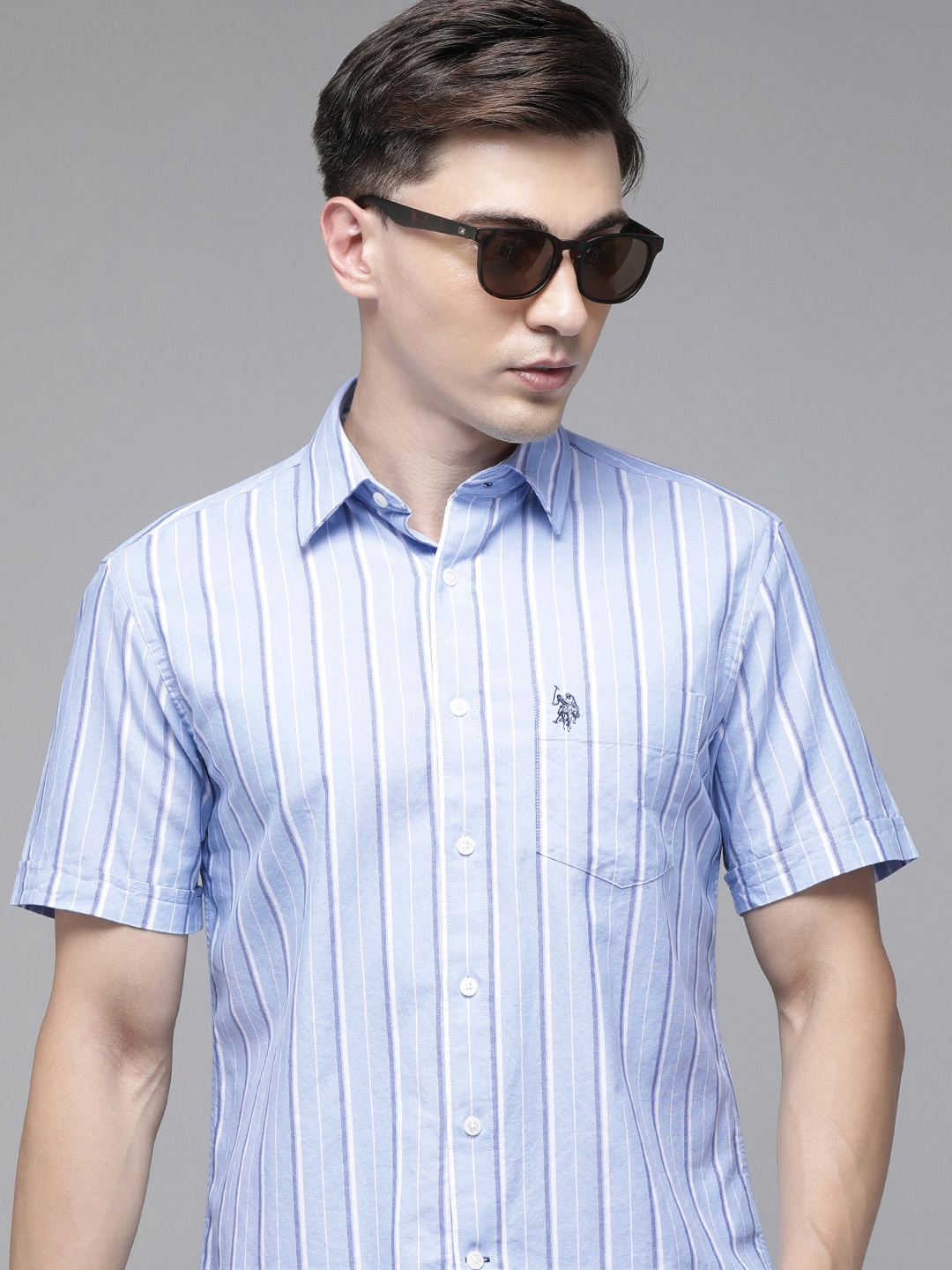 

U S Polo Assn Men Blue & White Striped Casual Shirt
