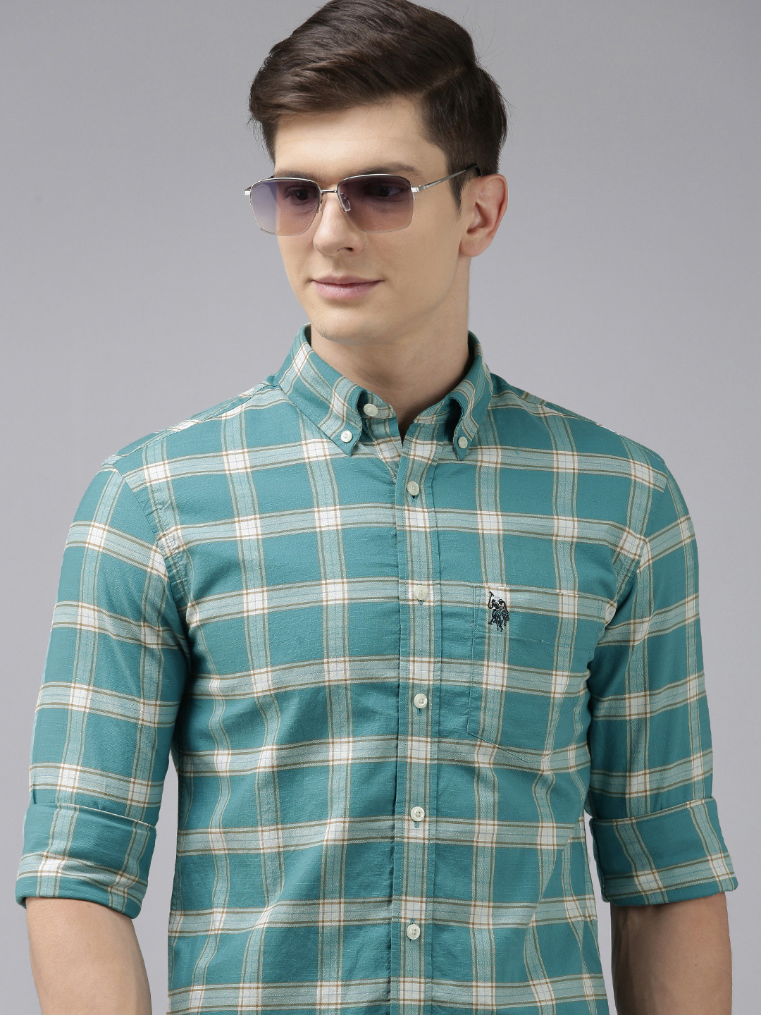 

U S Polo Assn Men Blue Checked Pure Cotton Casual Shirt