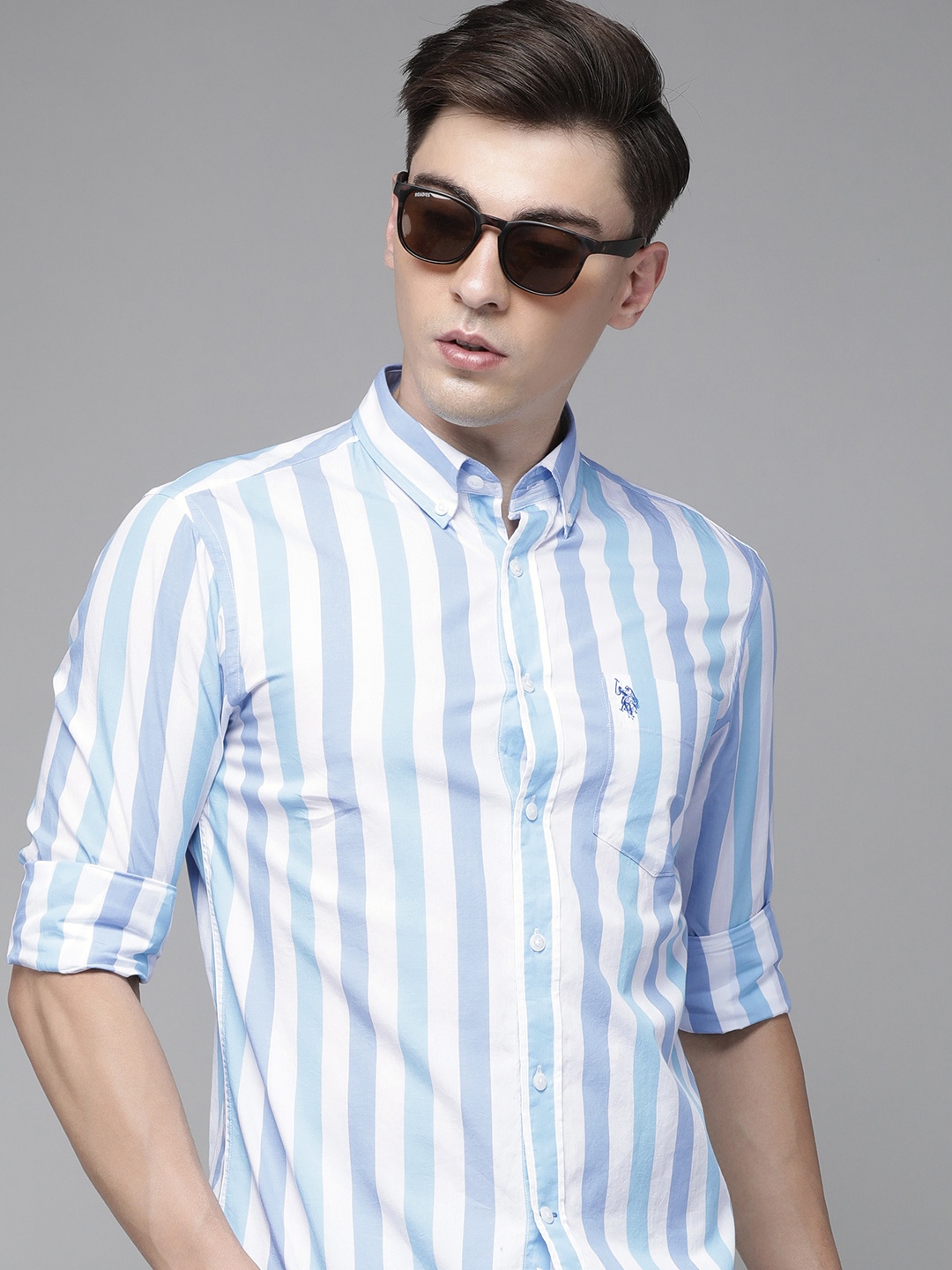 

U S Polo Assn Men Blue Tailored Fit Striped Casual Shirt