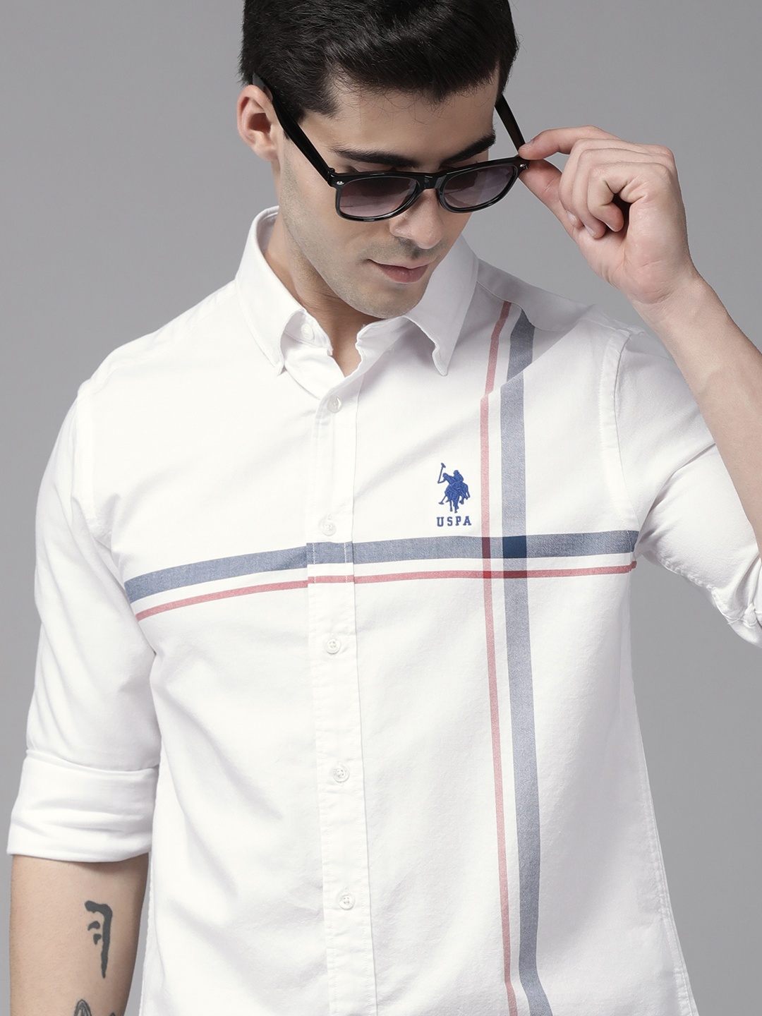 

U S Polo Assn Men White Tailored Fit Stripes Printed Pure Cotton Casual Shirt