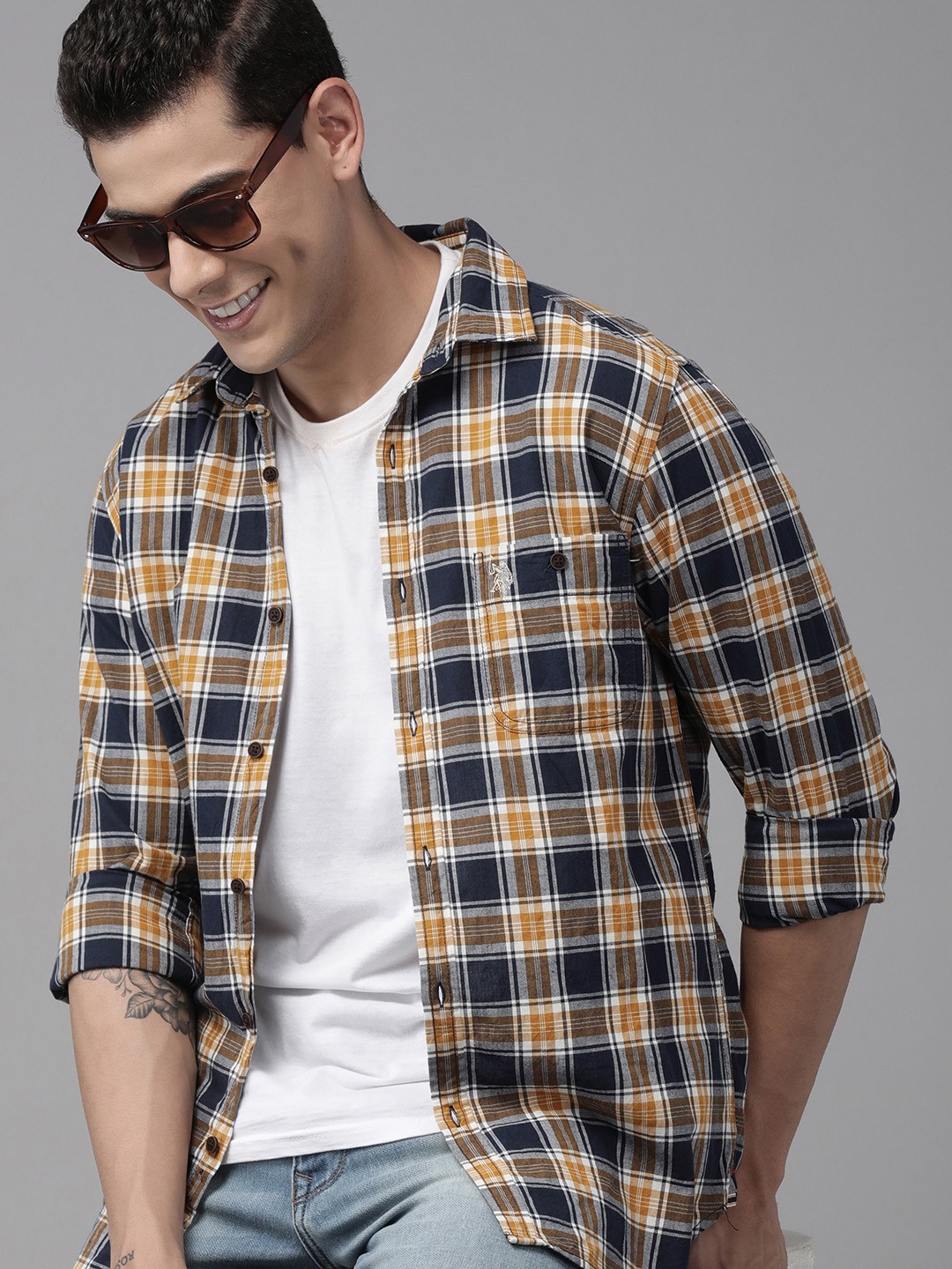 

U.S. Polo Assn. Denim Co. Men Navy Blue Tartan Checks Opaque Pure Cotton Casual Shirt