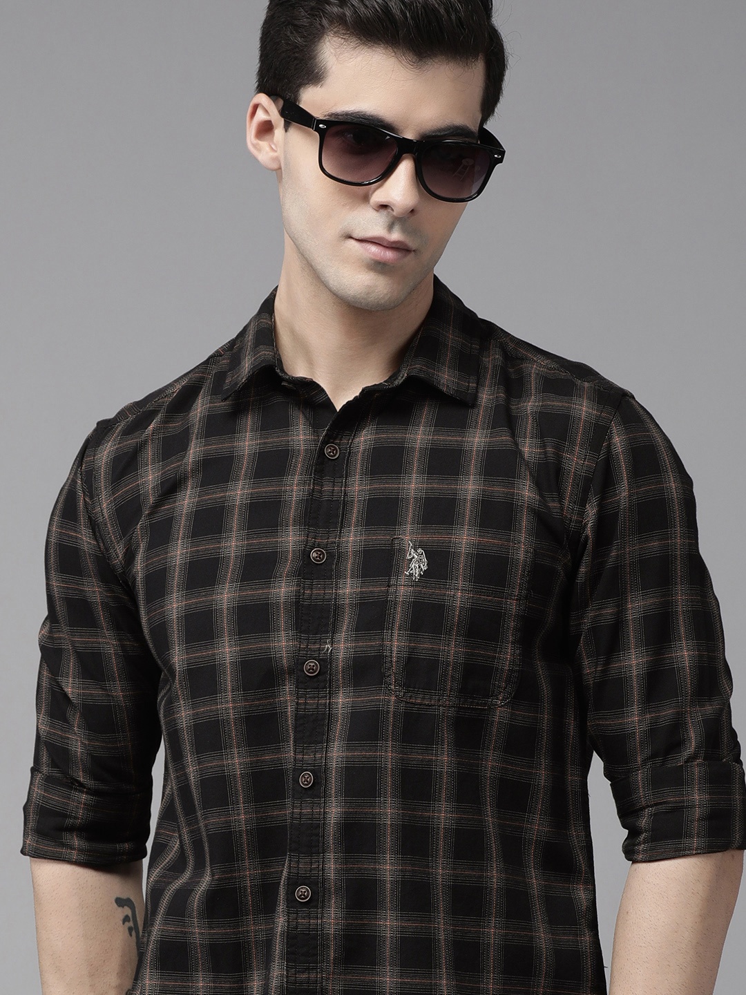 

U S Polo Assn Denim Co Men Black Windowpane Checks Pure Cotton Casual Shirt