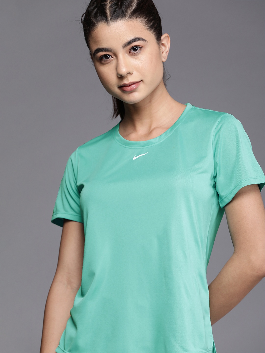 

Nike Women Sea Green Solid ONE DF SS STD Top