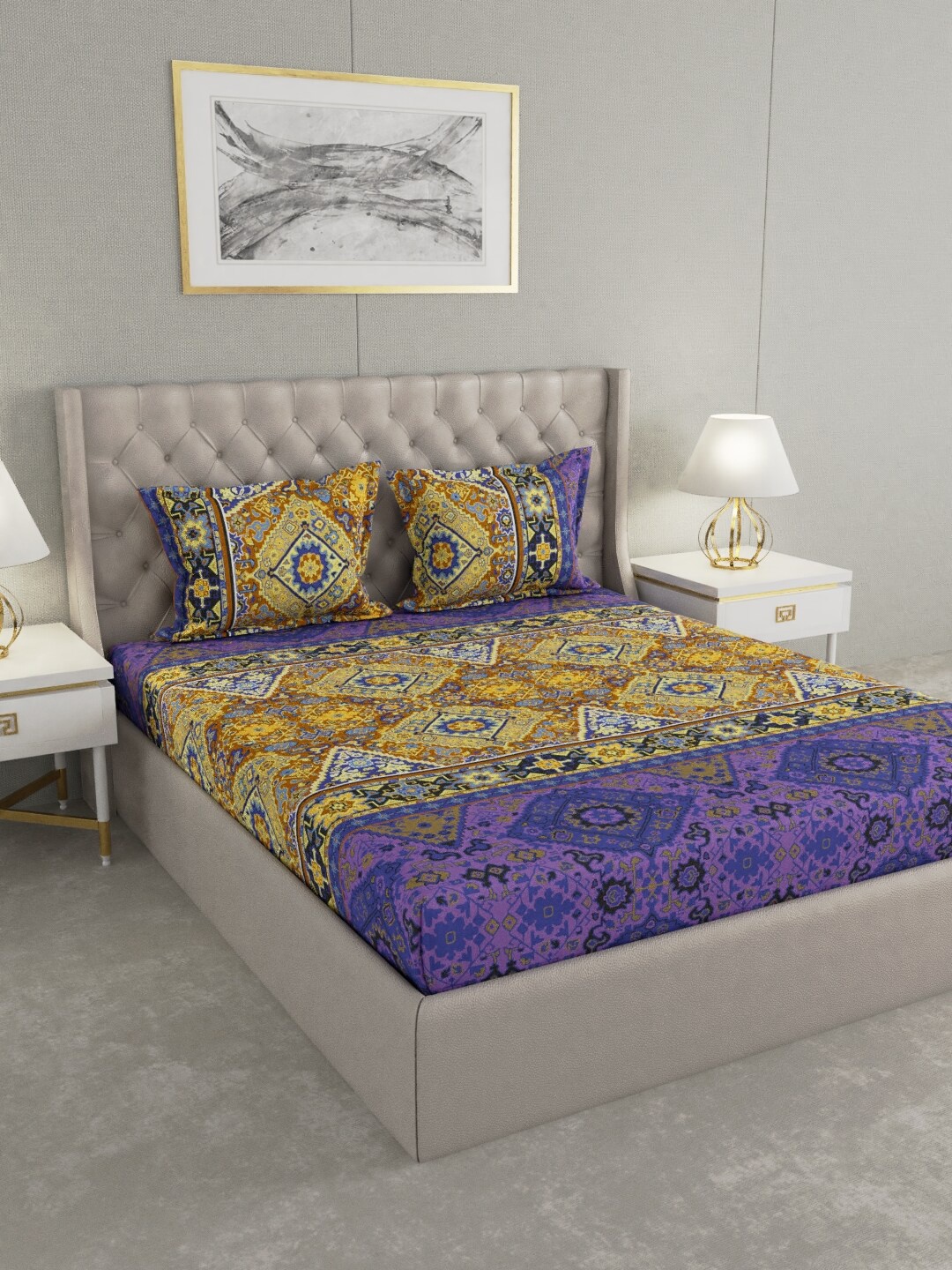 

Raymond Home Purple & White Ethnic Motifs 200 TC King Bedsheet with 2 Pillow Covers