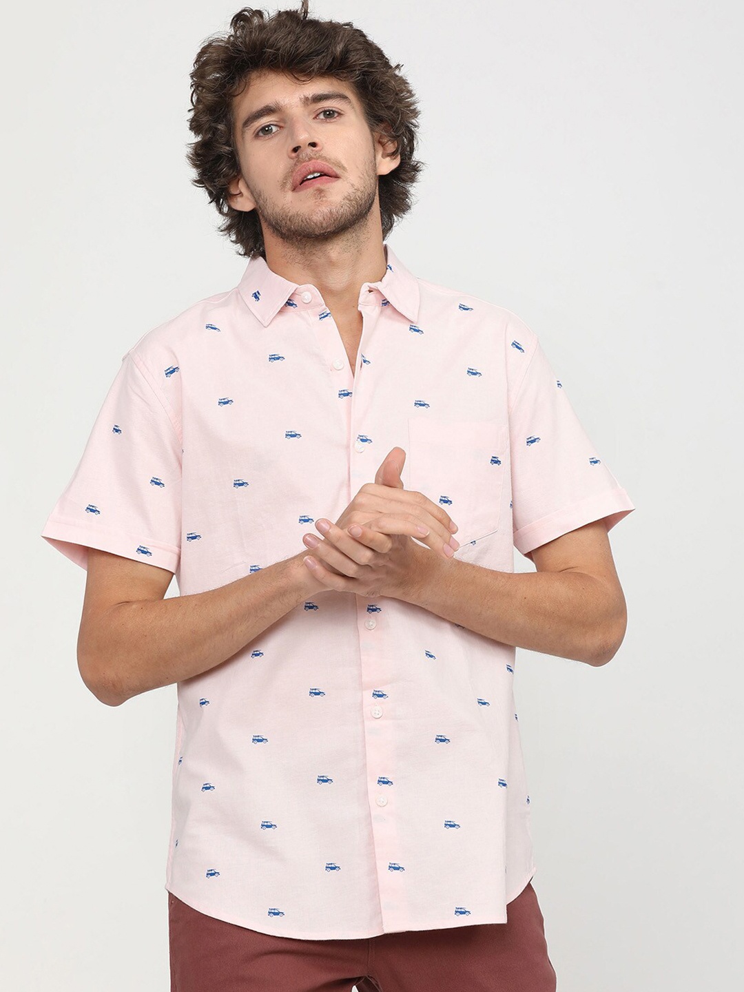 

KETCH Men Slim Fit Opaque Printed Cotton Casual Shirt, Pink