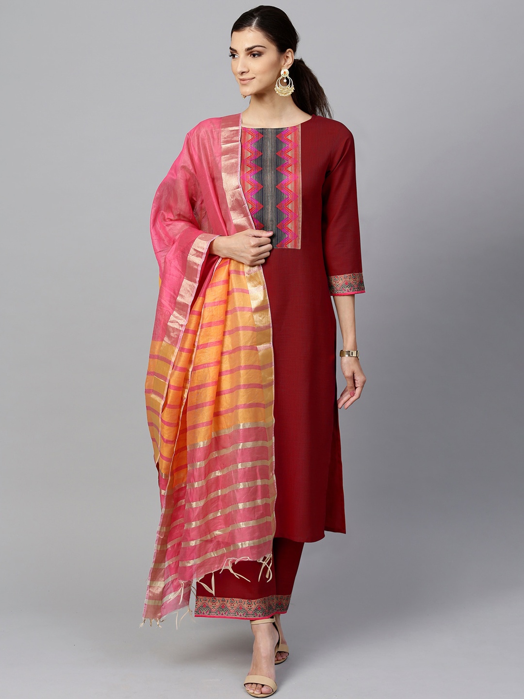 

Indo Era Women Maroon & Pink Yoke Design Kurta with Palazzos & Dupatta