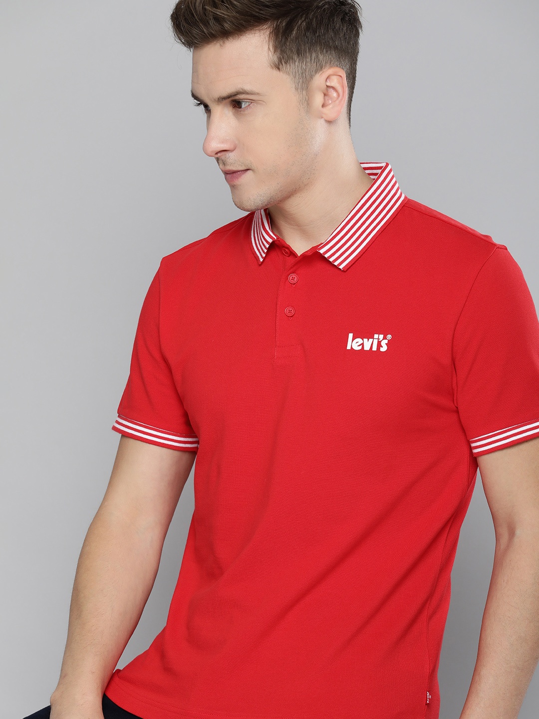 

Levis Men Red Brand Logo Printed Polo Collar Pure Cotton T-shirt