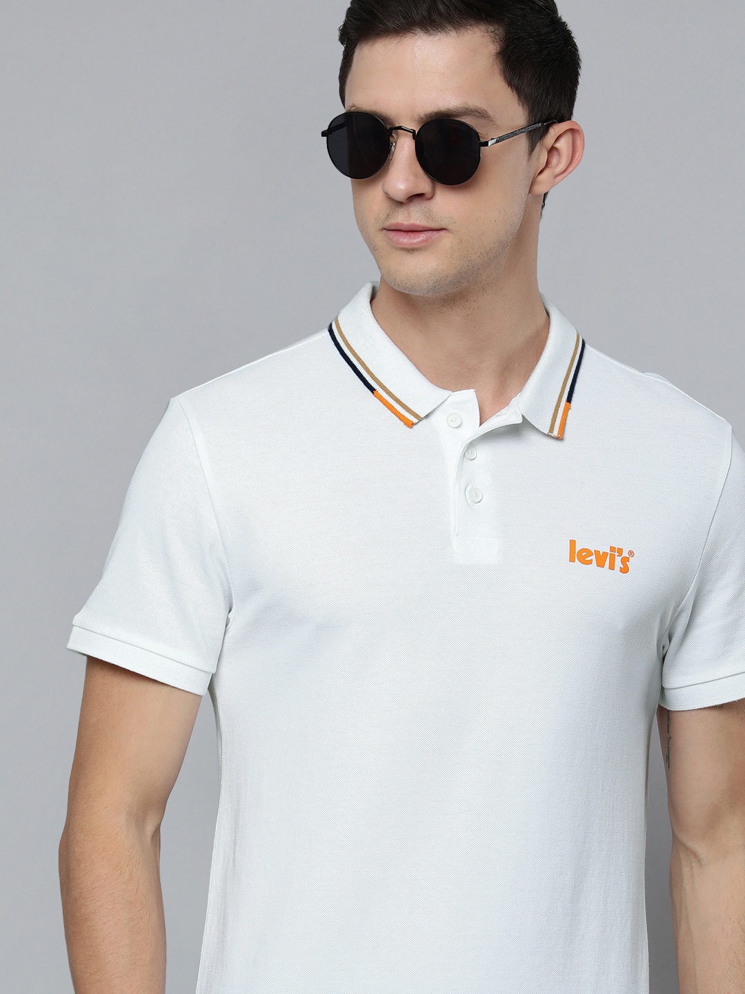 

Levis Men White & Orange Brand Logo Printed Polo Collar Pure Cotton T-shirt