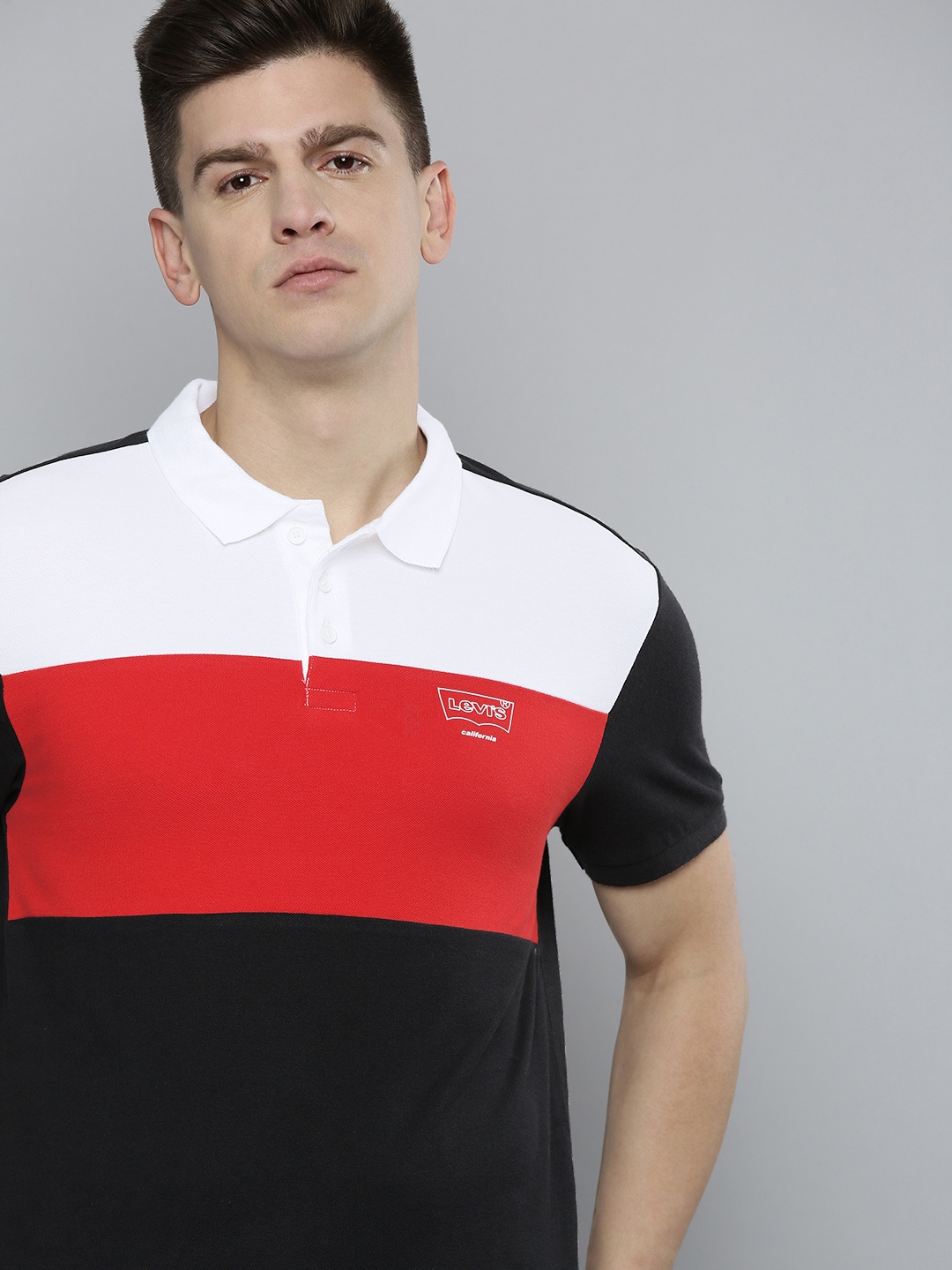 

Levis Men Black & Red Colourblocked Polo Collar Slim Fit Casual T-shirt