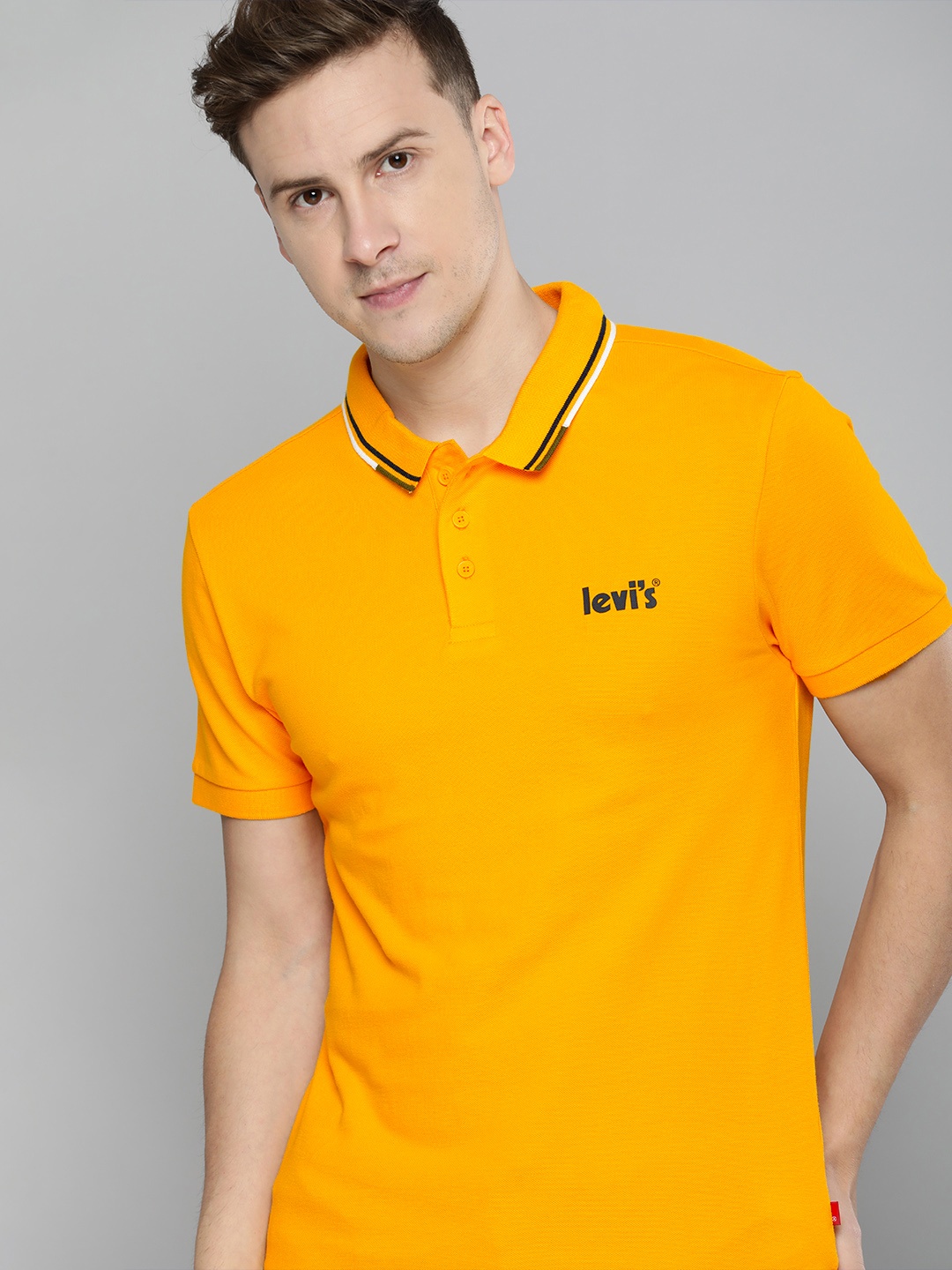 

Levis Men Mustard Yellow Brand Logo Printed Polo Collar Pure Cotton T-shirt