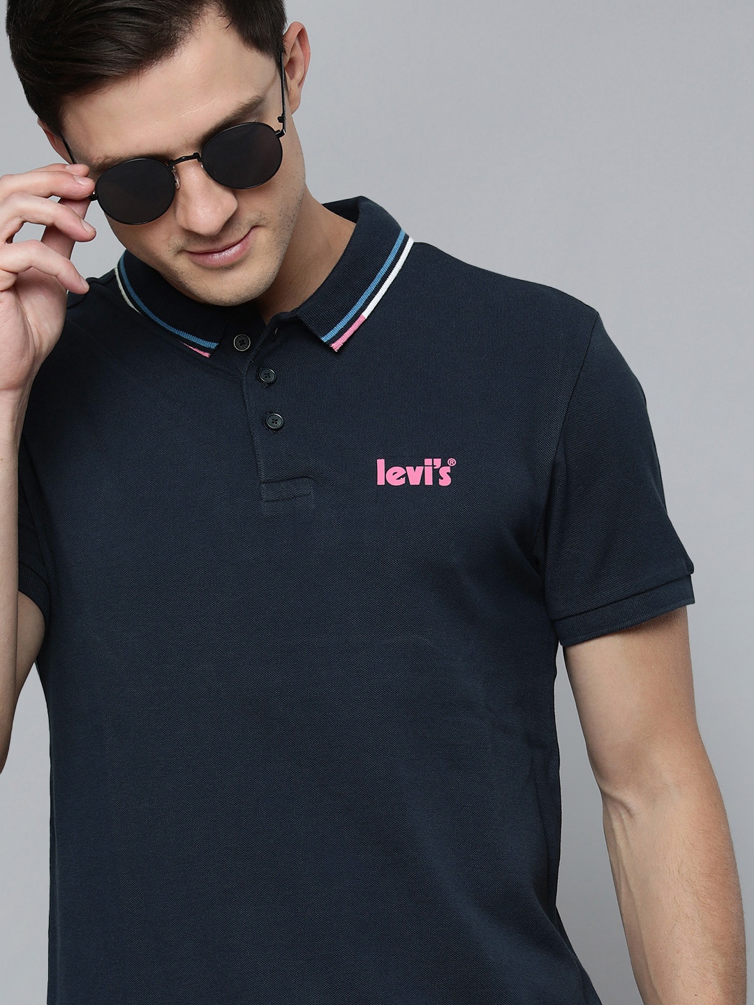 

Levis Men Navy Blue Brand Logo Printed Polo Collar Pure Cotton T-shirt