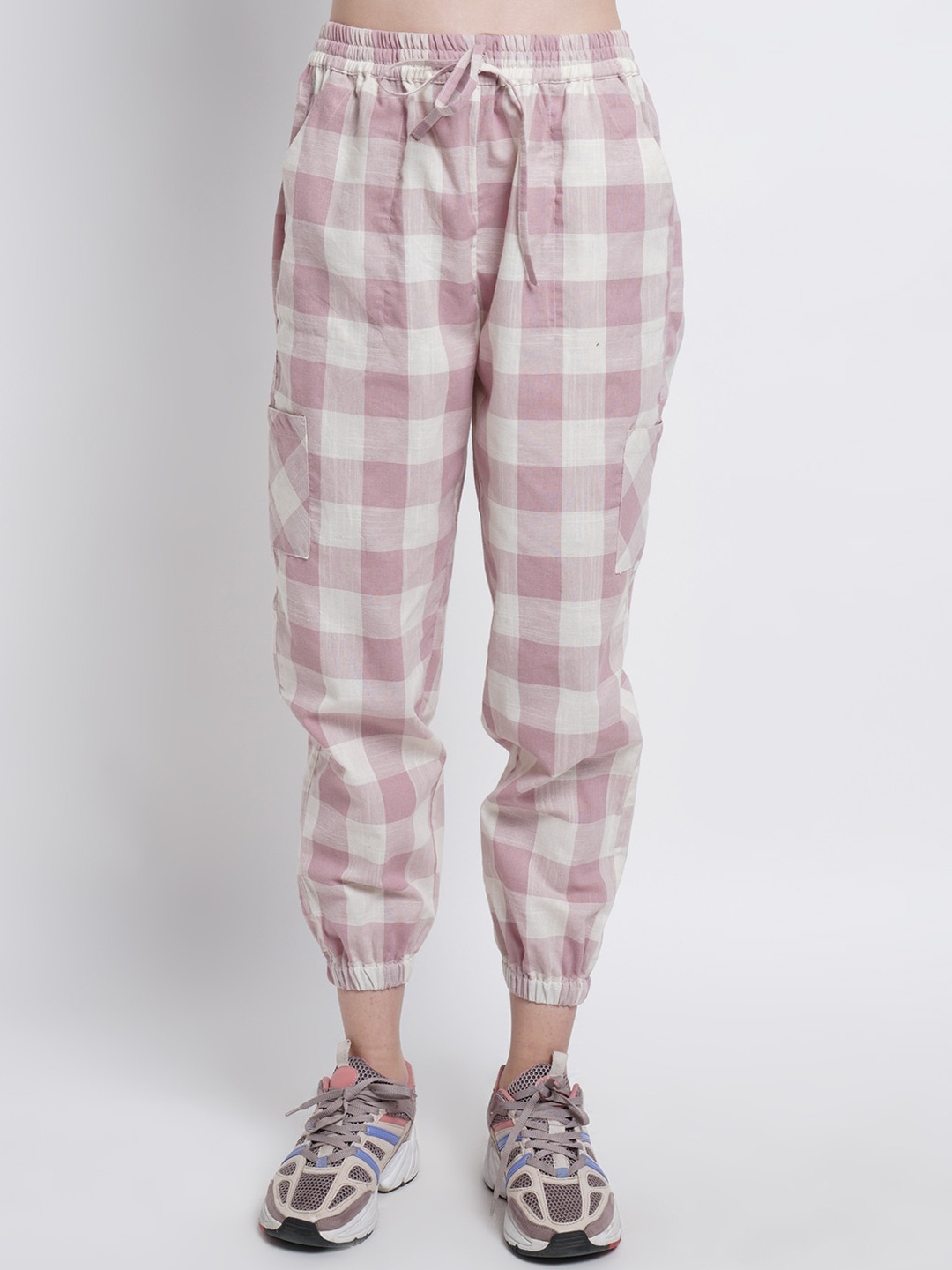 

WESTCLO Woman Pink & White Pure Cotton Checked Joggers Trousers