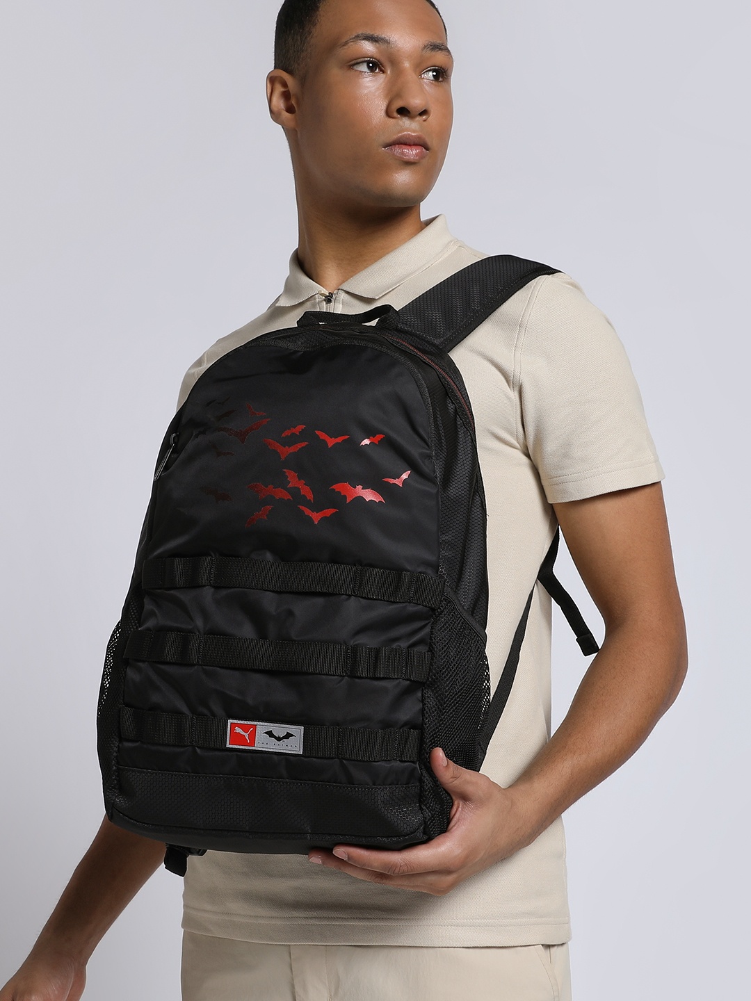 

PUMA x Batman Kids Black Graphic Printed Backpack with Daisy Chains