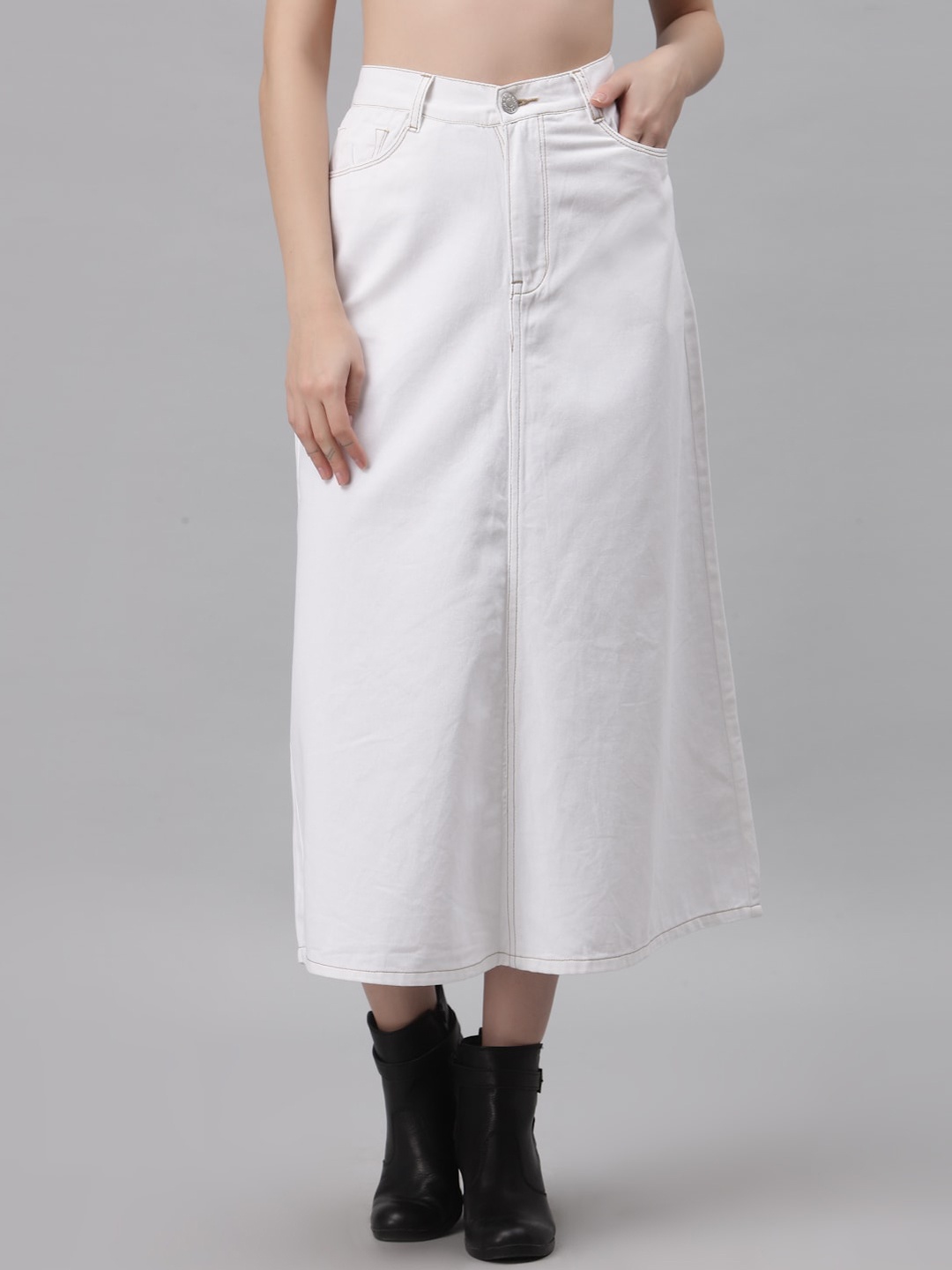 

River Of Design Jeans Women White Solid Pure Cotton A Line Denim Maxi Skirt