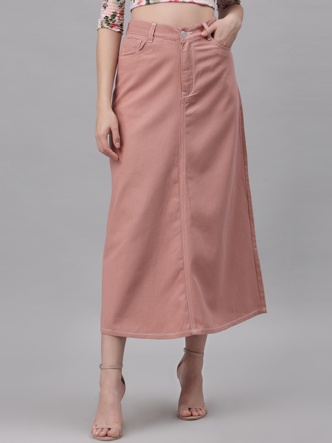 

River Of Design Jeans Women Coral Pink Coloured Solid A-Line Cotton Denim Skirt